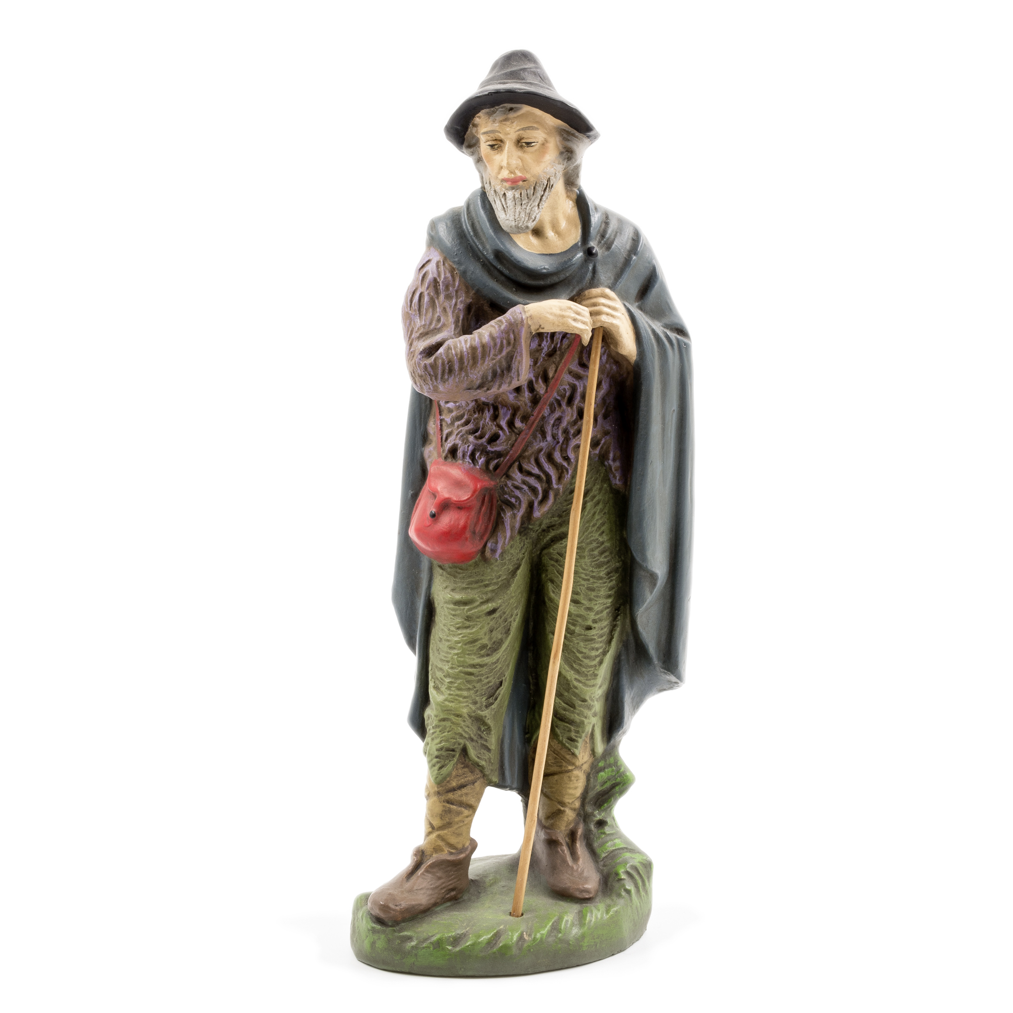 Krippenfigur Hirte mit Stab, roter Tasche, stehend