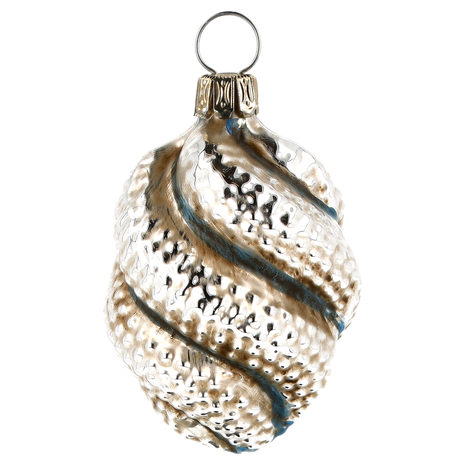 Weihnachtsglasornament in gedrehter Zapfenform, gold-blau