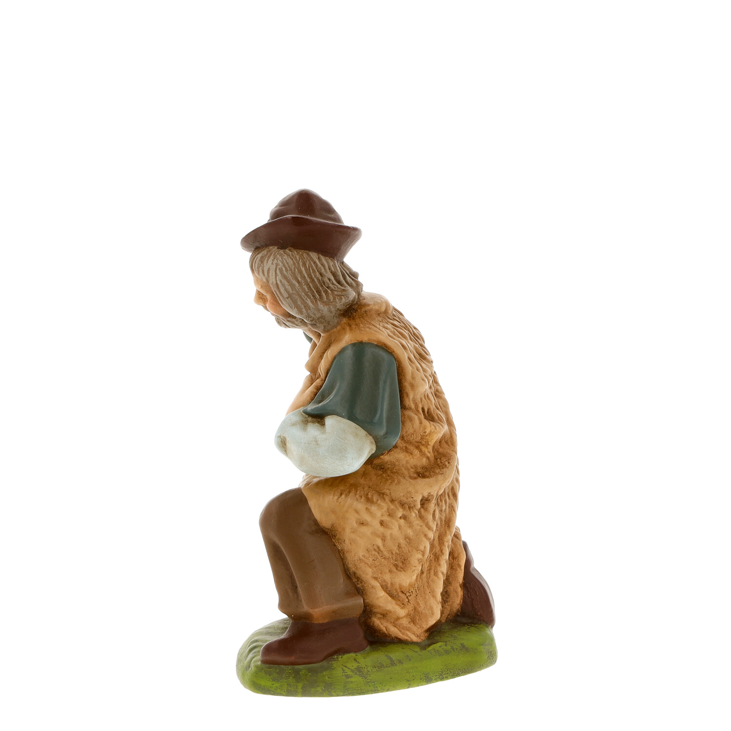 Krippenfigur Hirte kniend, Seitenansicht