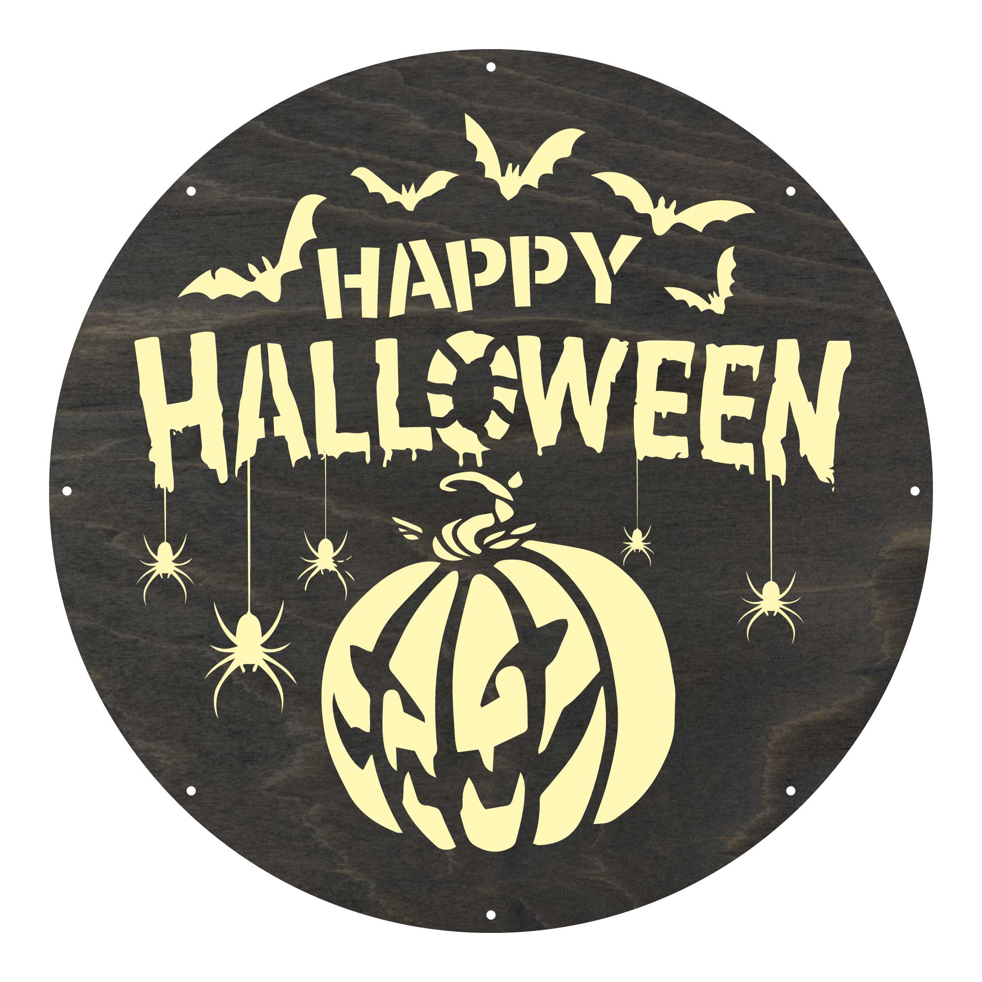 Rundes Holzschild mit Happy Halloween Schrift und Kürbismoti