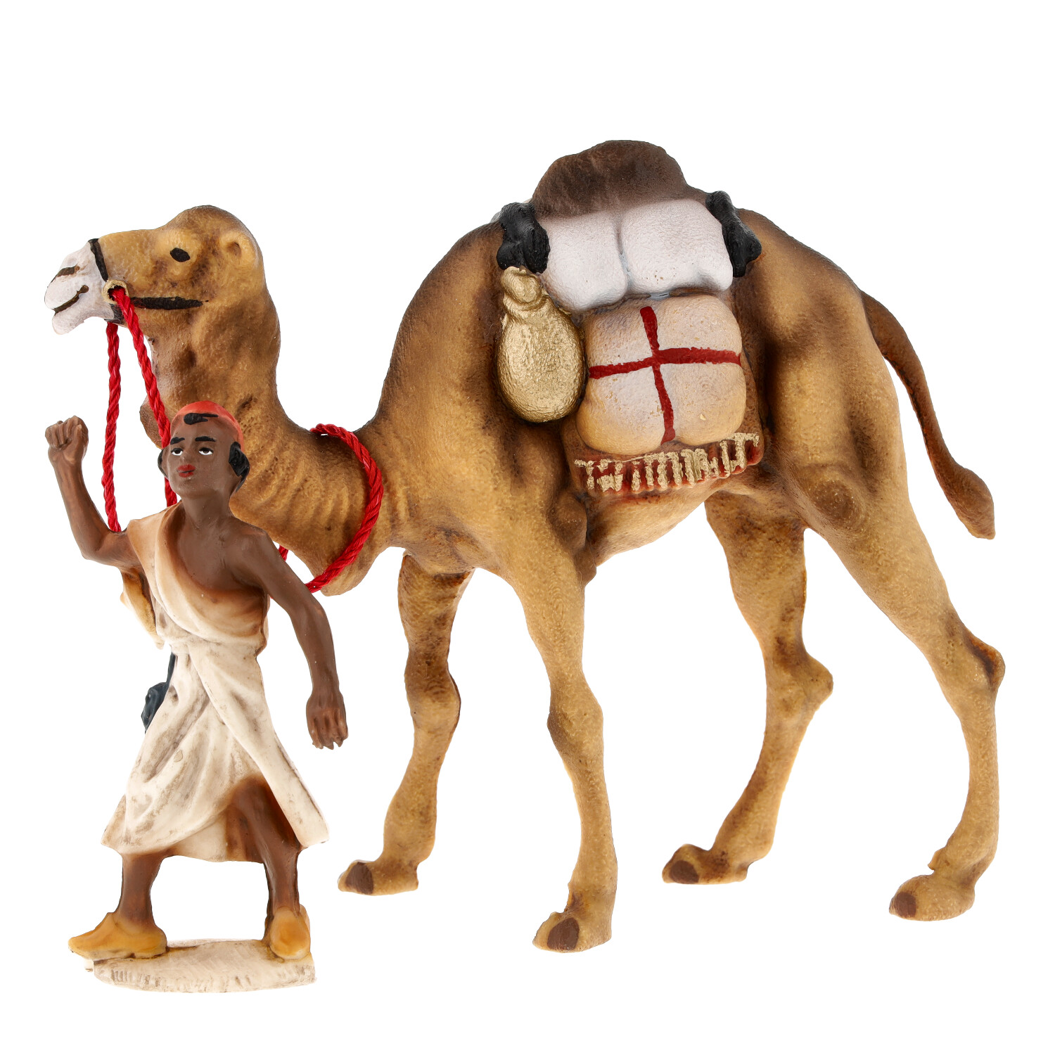 Krippenfigur: Kamel mit Gepäck und Treiber