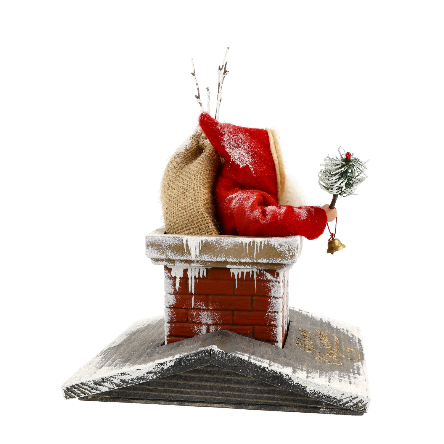 Deko-Weihnachtsmann im Kamin mit Sack, Glocke und Tanne