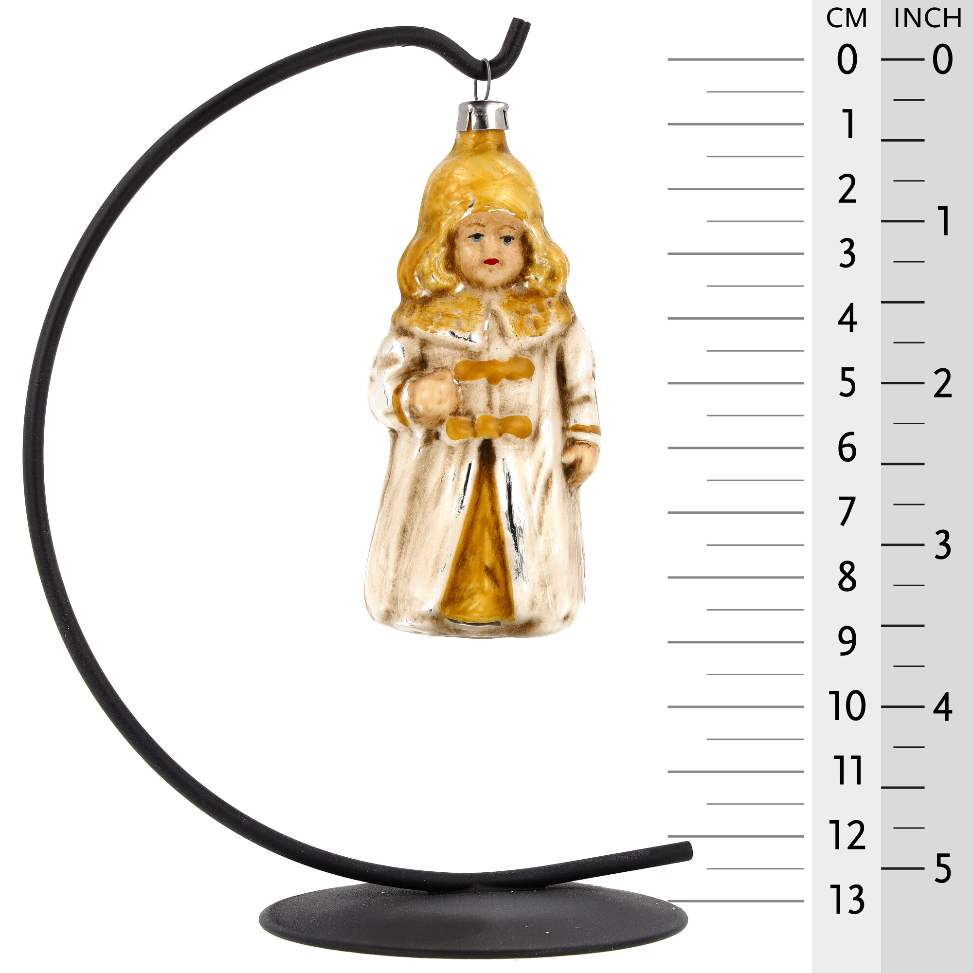 Glasfigur Mädchen im Wintermantel, antiker Baumschmuck