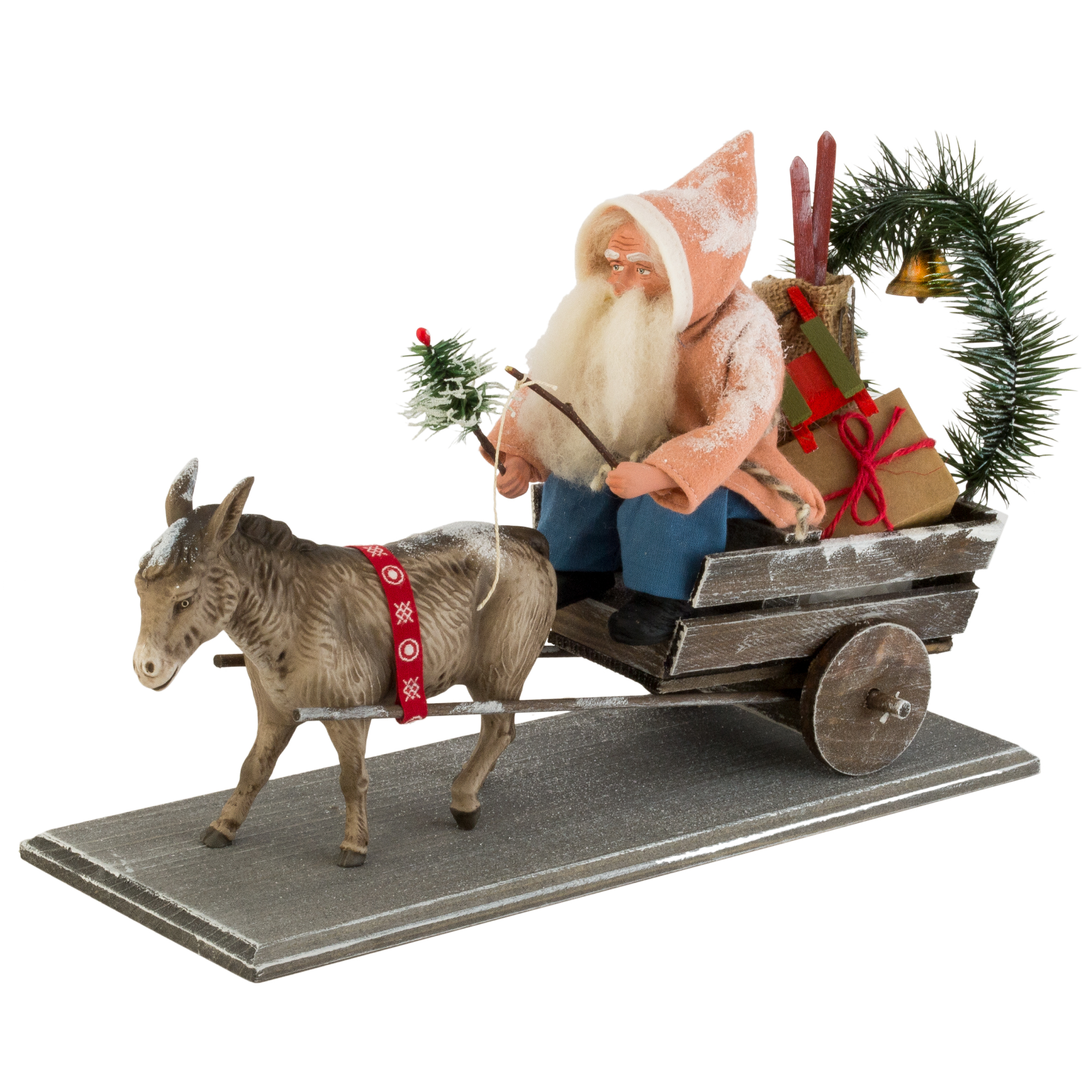 Dekofigur Nikolaus auf Eselskarren mit Geschenken