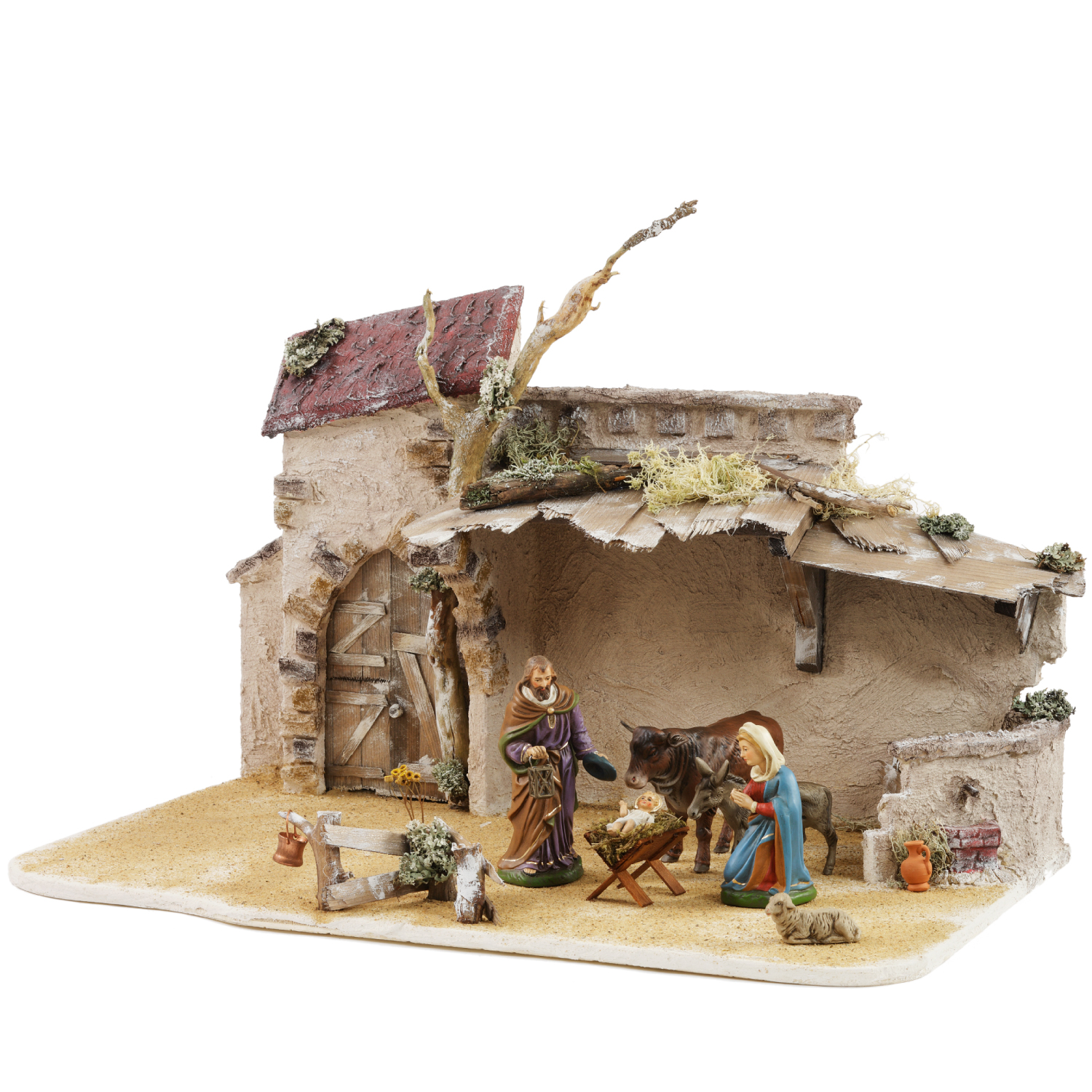 Weihnachtskrippe mit Maria, Josef, Kind und Tieren im Stall