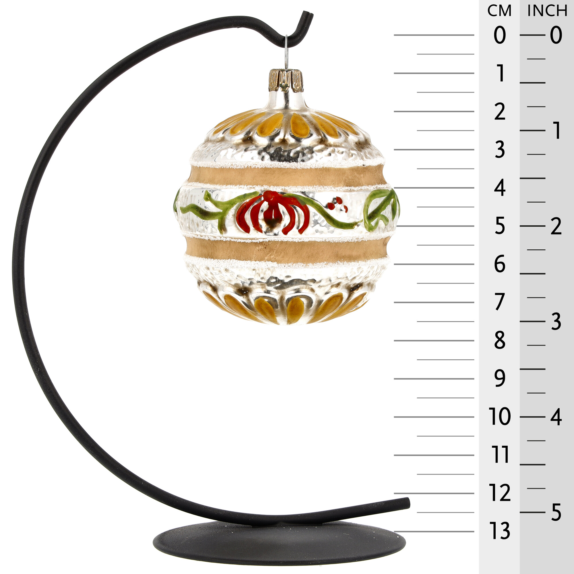 Runde Glas-Weihnachtskugel, floral handbemalt, Silber/Gold