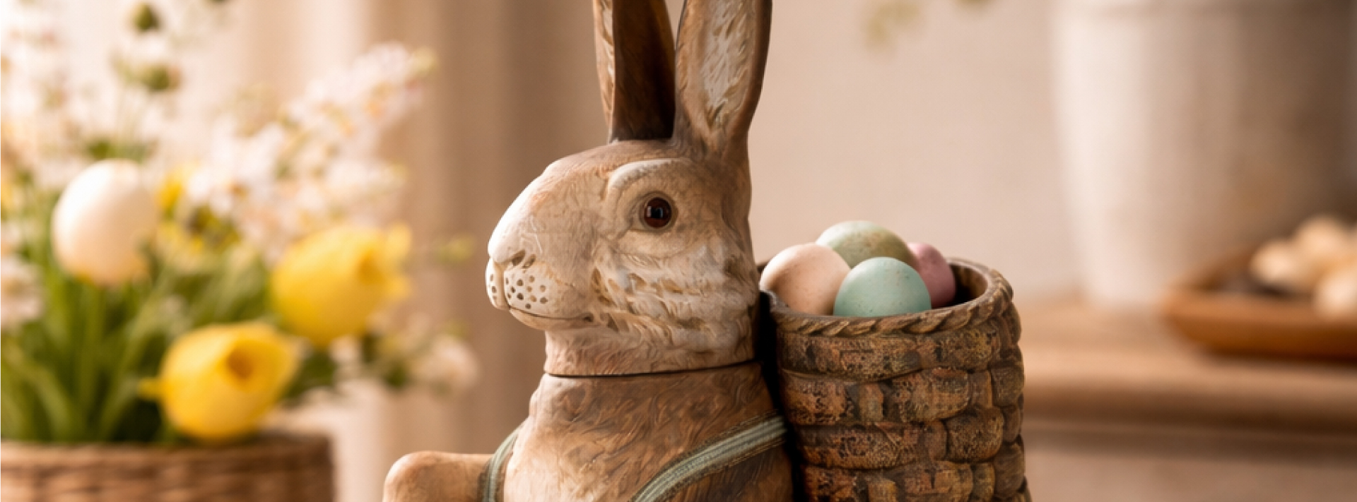 Detailaufnahme: rustikale Dekofigur Osterhase mit Flechtkorb, gefüllt mit pastellfarbenen Eiern, neben gelben Tulpen – ideale Frühlings- und Osterdekoration