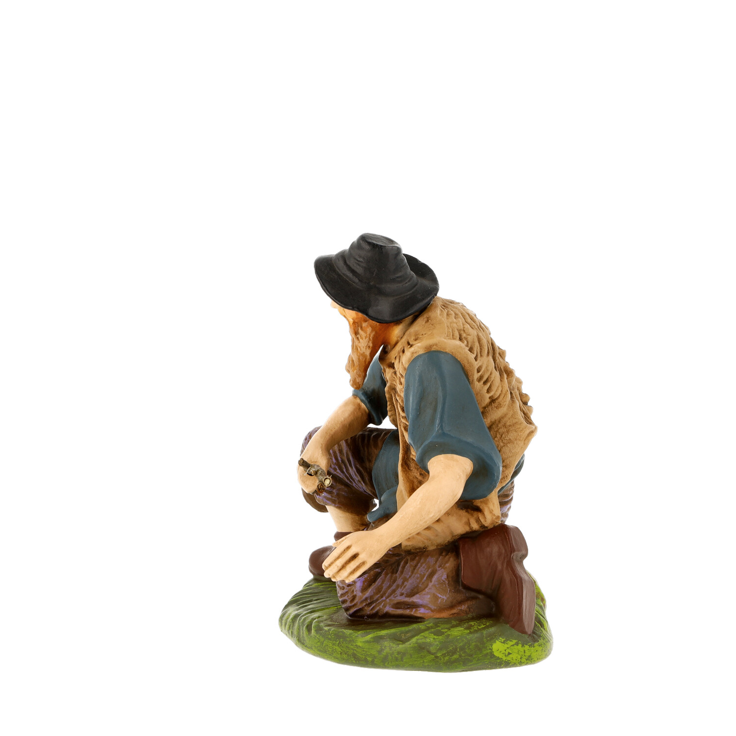 Kniender Hirte mit Hut als Krippenfigur, Rückansicht