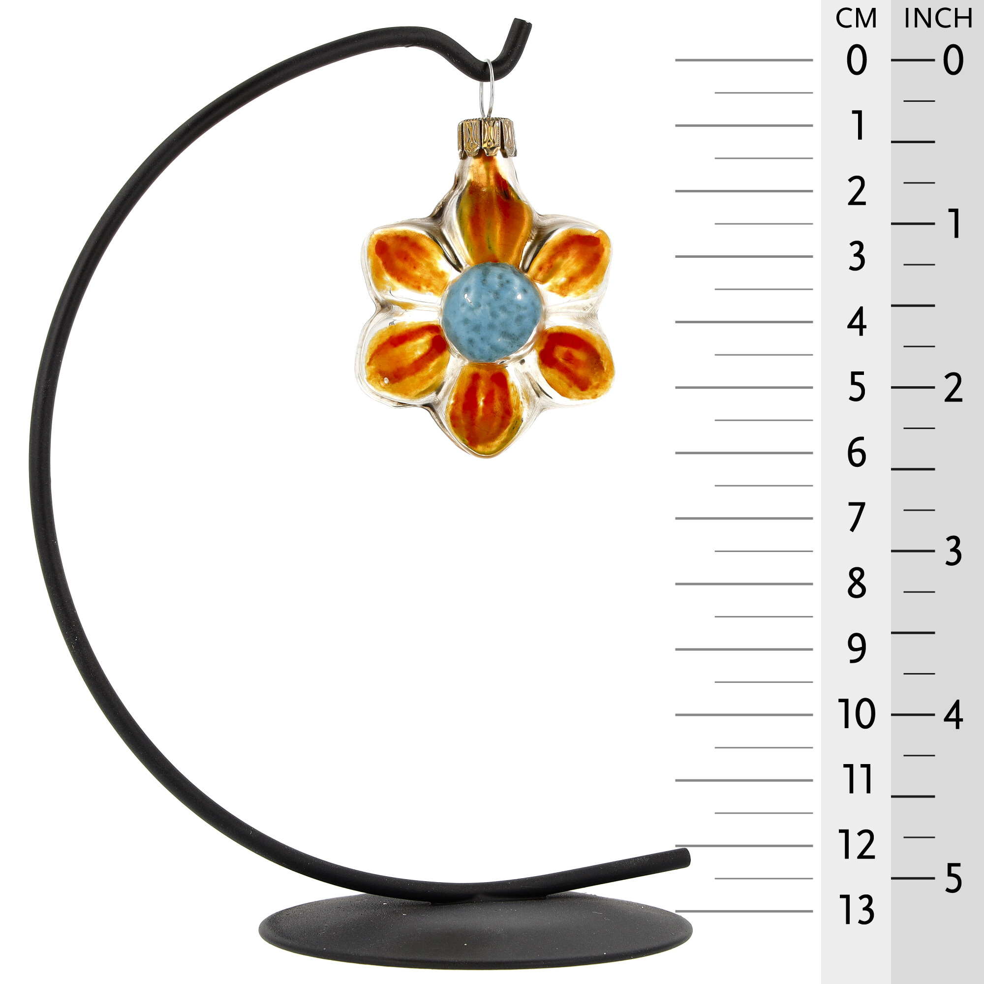 Kleiner Glas-Blumenanhänger in Orange mit blauem Zentrum