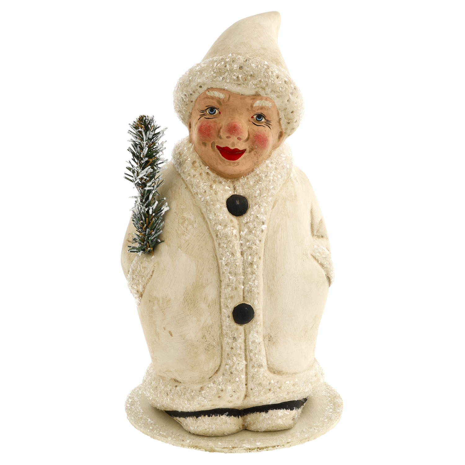 Dekofigur Winterkind in weißem Mantel mit Tannenzweig