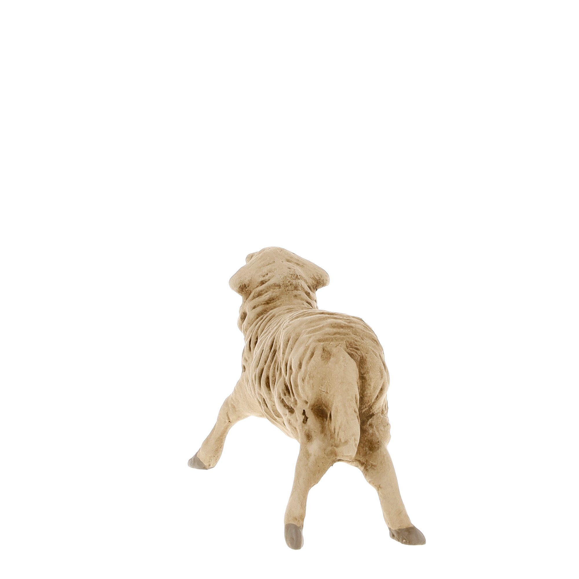 Beige Schaffigur, Rückansicht auf weißem Hintergrund