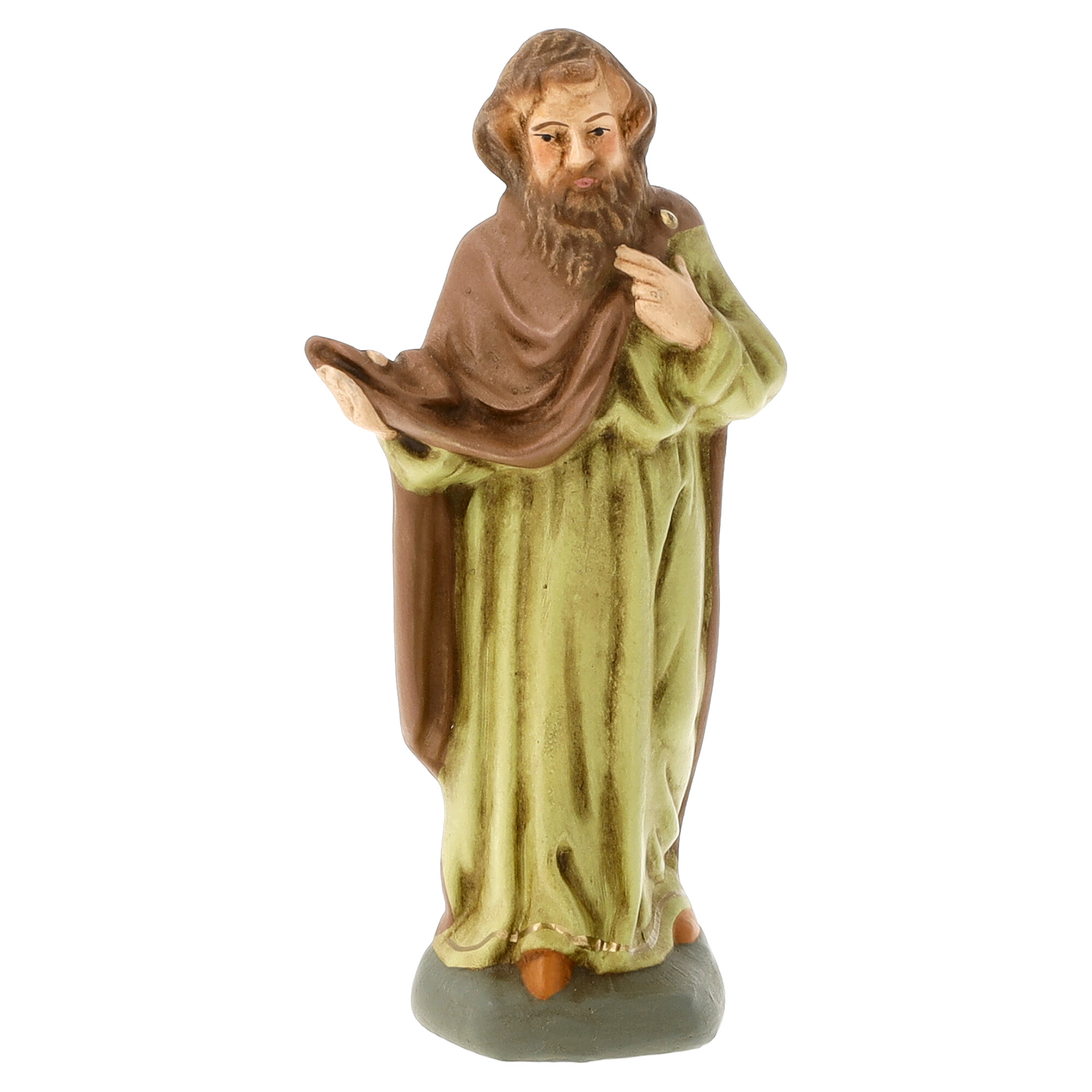 Krippenfigur bärtiger Mann in grün-brauner Robe