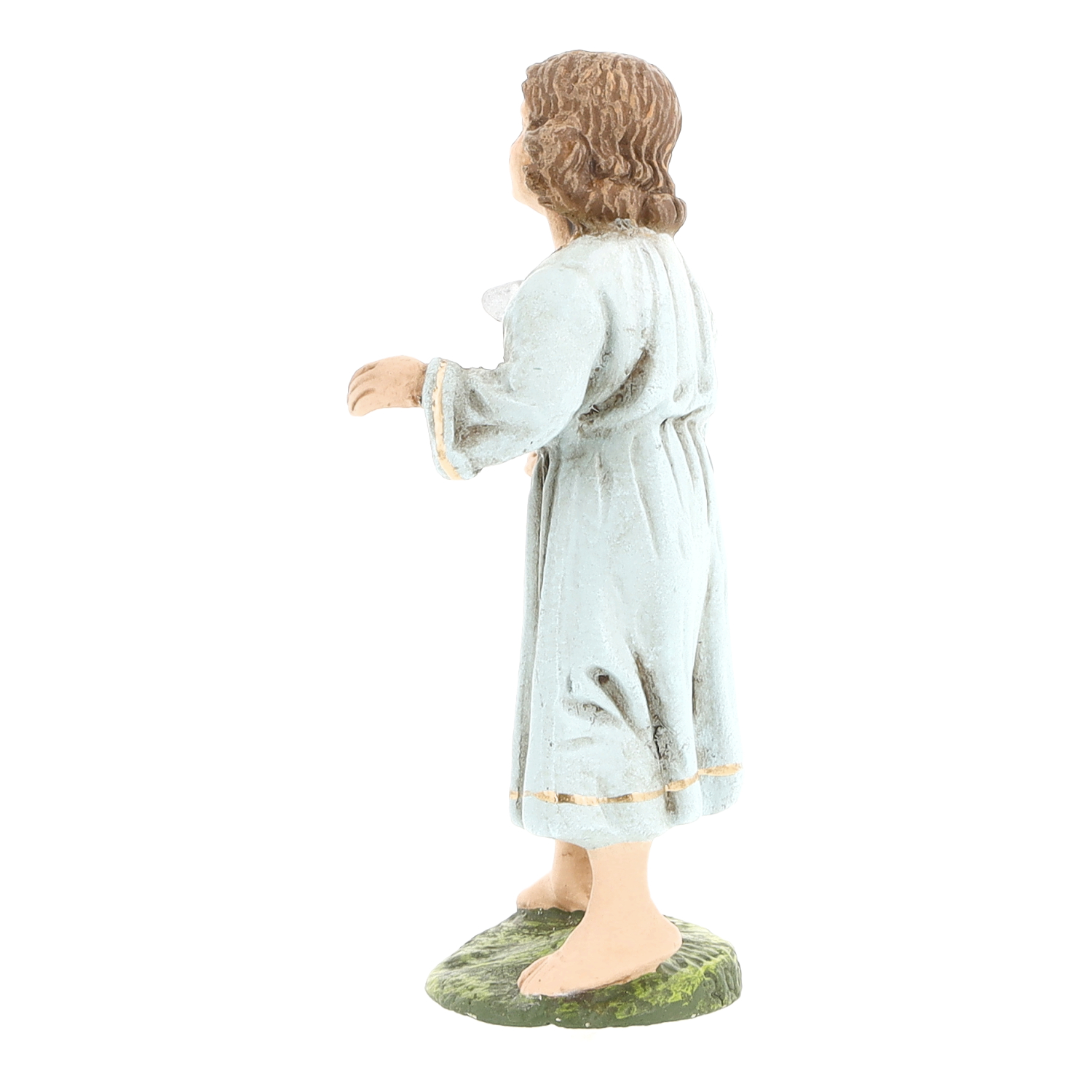 Seitenansicht Krippenfigur Junge in hellblauem Gewand
