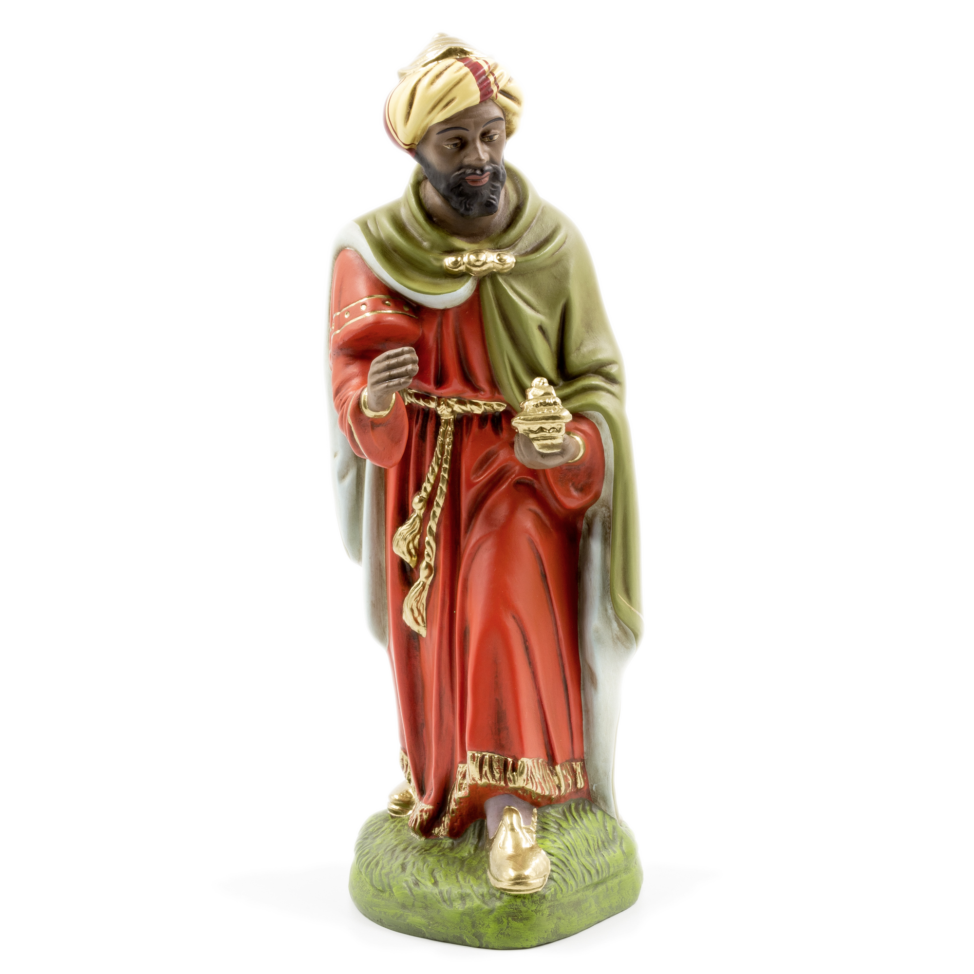 Krippenfigur Heiliger König in Rot-Grün, handbemalt