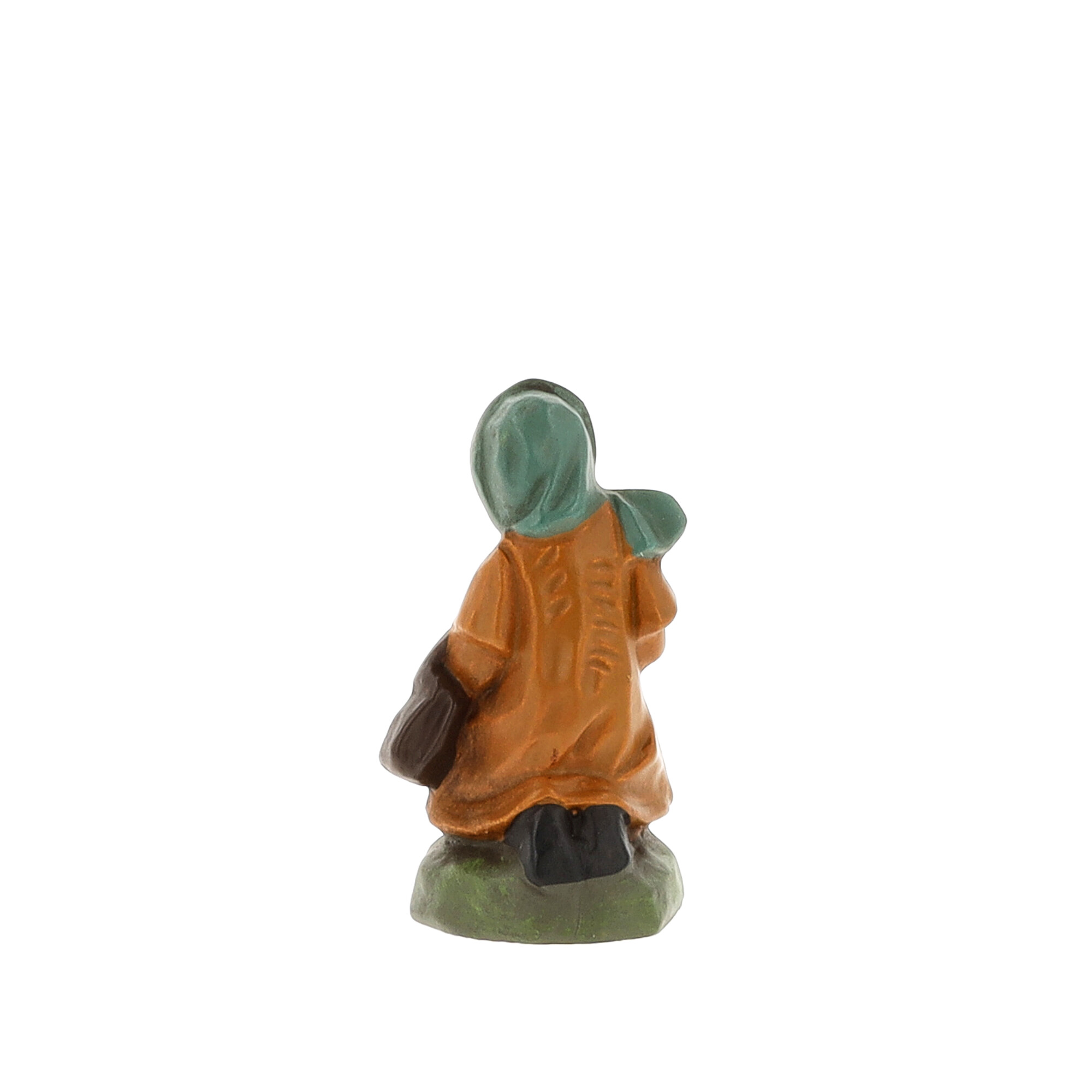 Handbemalte Krippenfigur, kniend, hinten gesehen