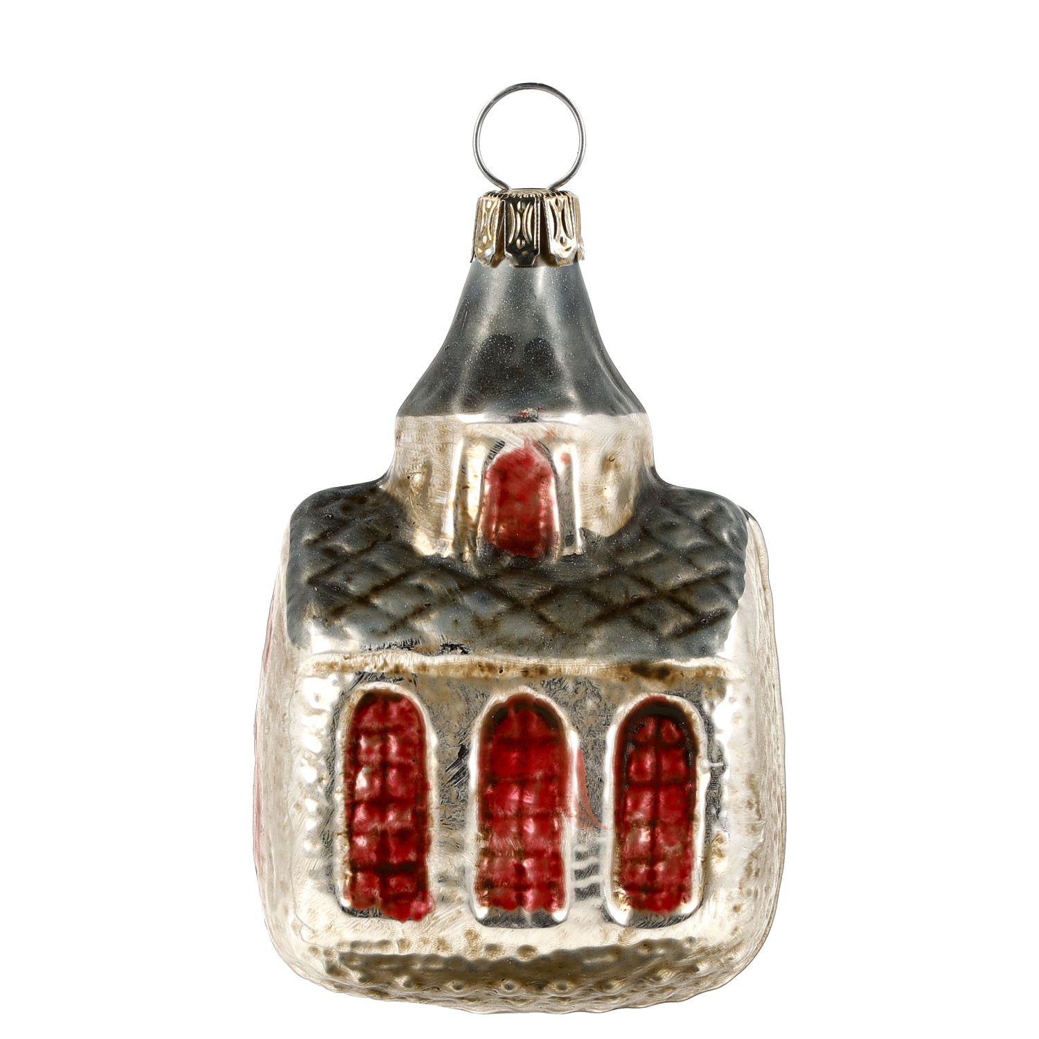 Glas-Christbaumschmuck in Kirchenform, silber-rot, Vintage