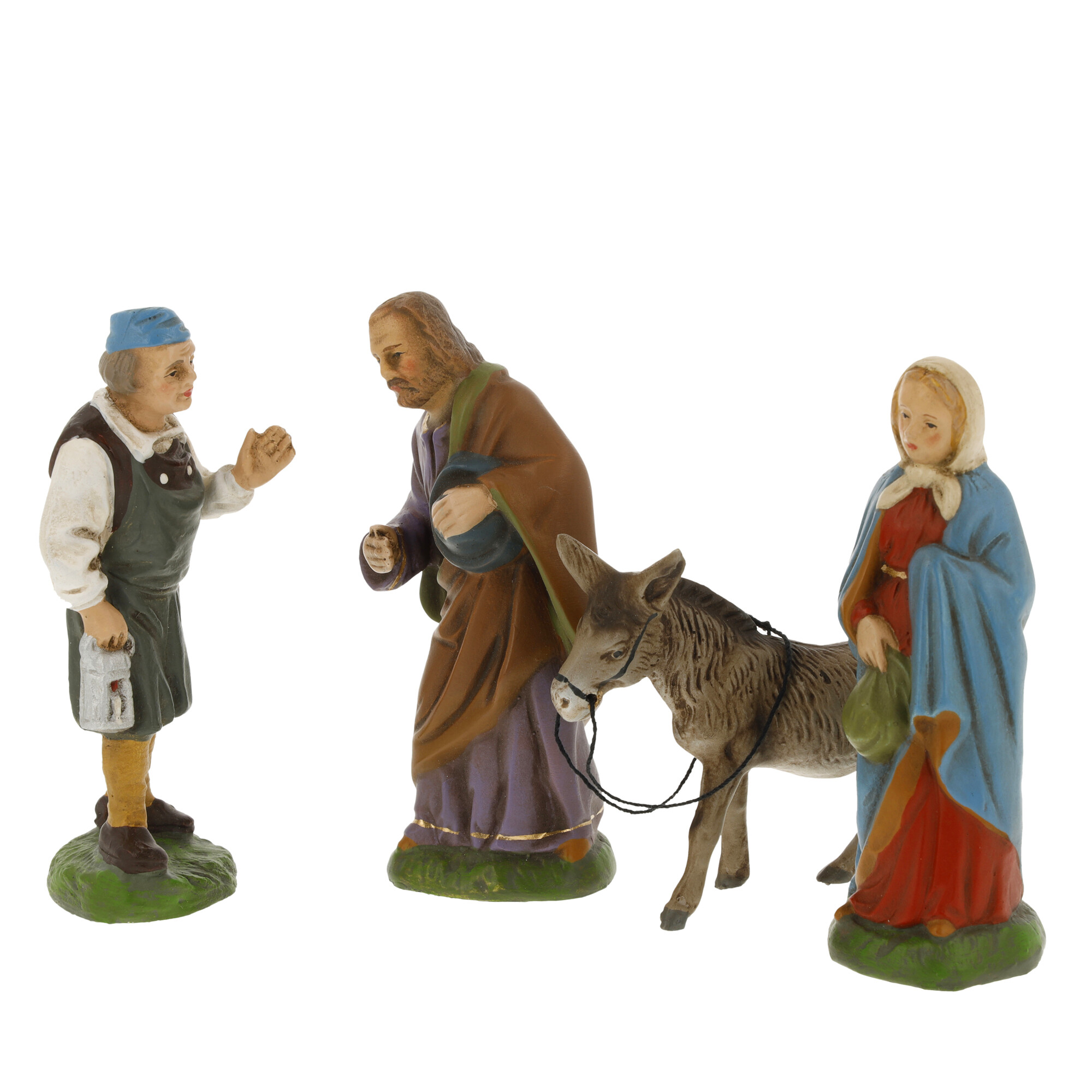 Weihnachtskrippe Figuren mit Maria, Josef, Esel und Wirt