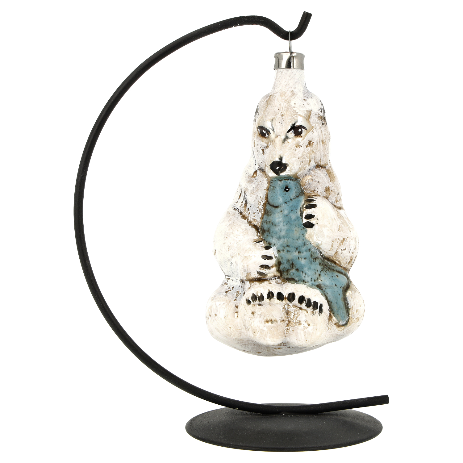 Christbaumschmuck Eisbär mit blauem Fisch, handbemalt