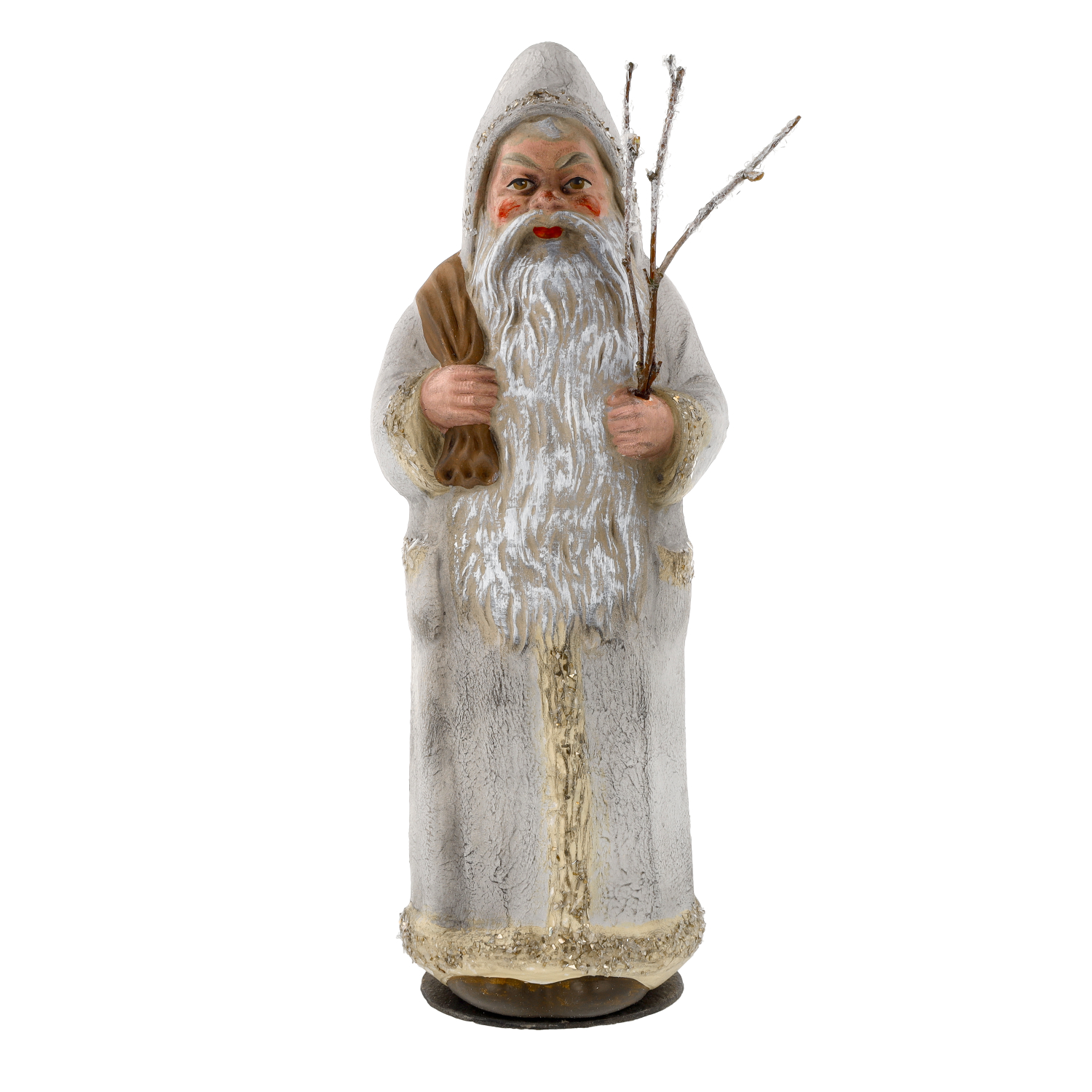 Weihnachtsmann Figur in Weiß mit Sack und Zweigen