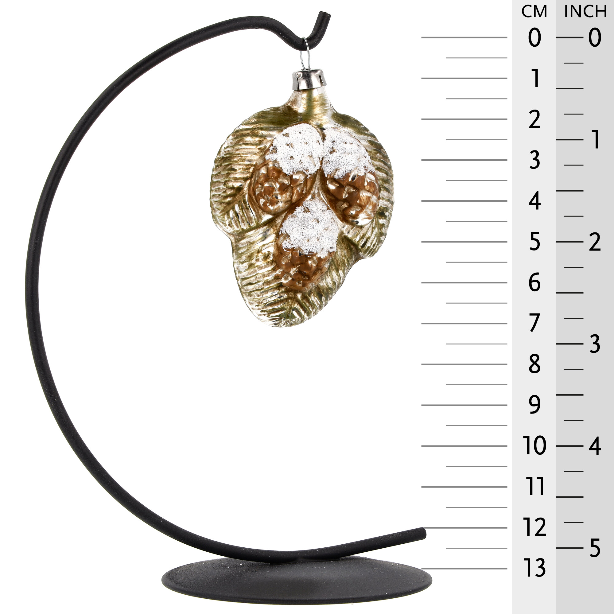 Glas-Ornament drei Tannenzapfen mit Schnee, gold-braun