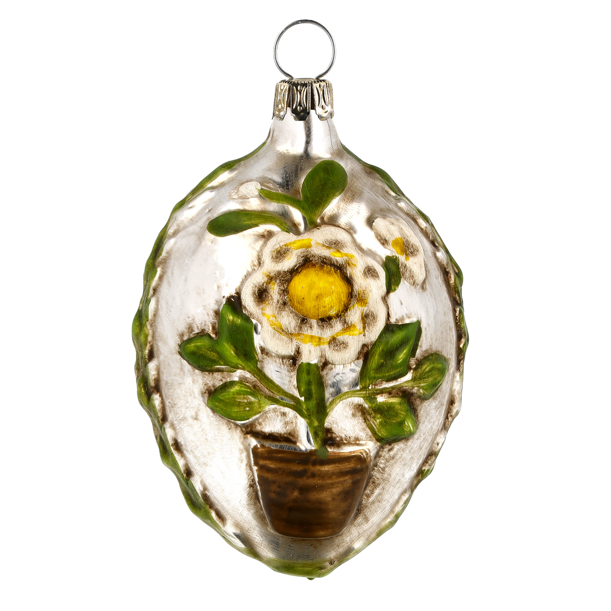 Christbaumschmuck Glasblume im Topf, handbemalt