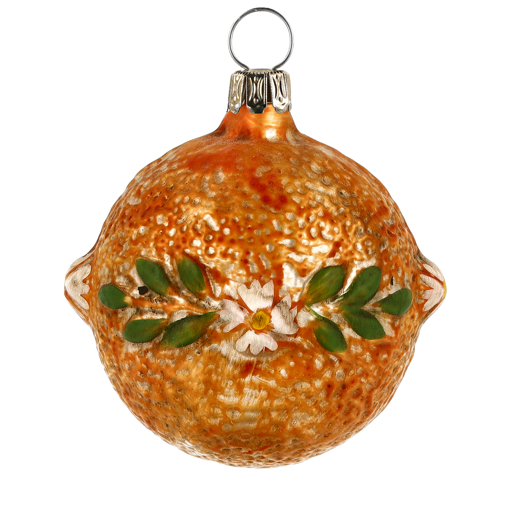 Orange Glas-Christbaumkugel mit Blüten-Dekor, handbemalt