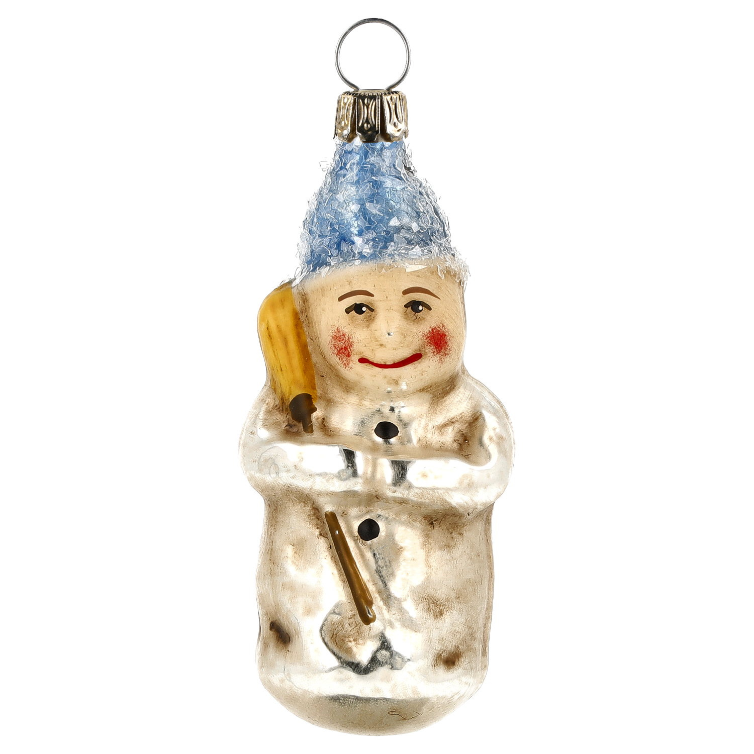 Weihnachtsanhänger Schneemann aus Glas mit blauer Mütze