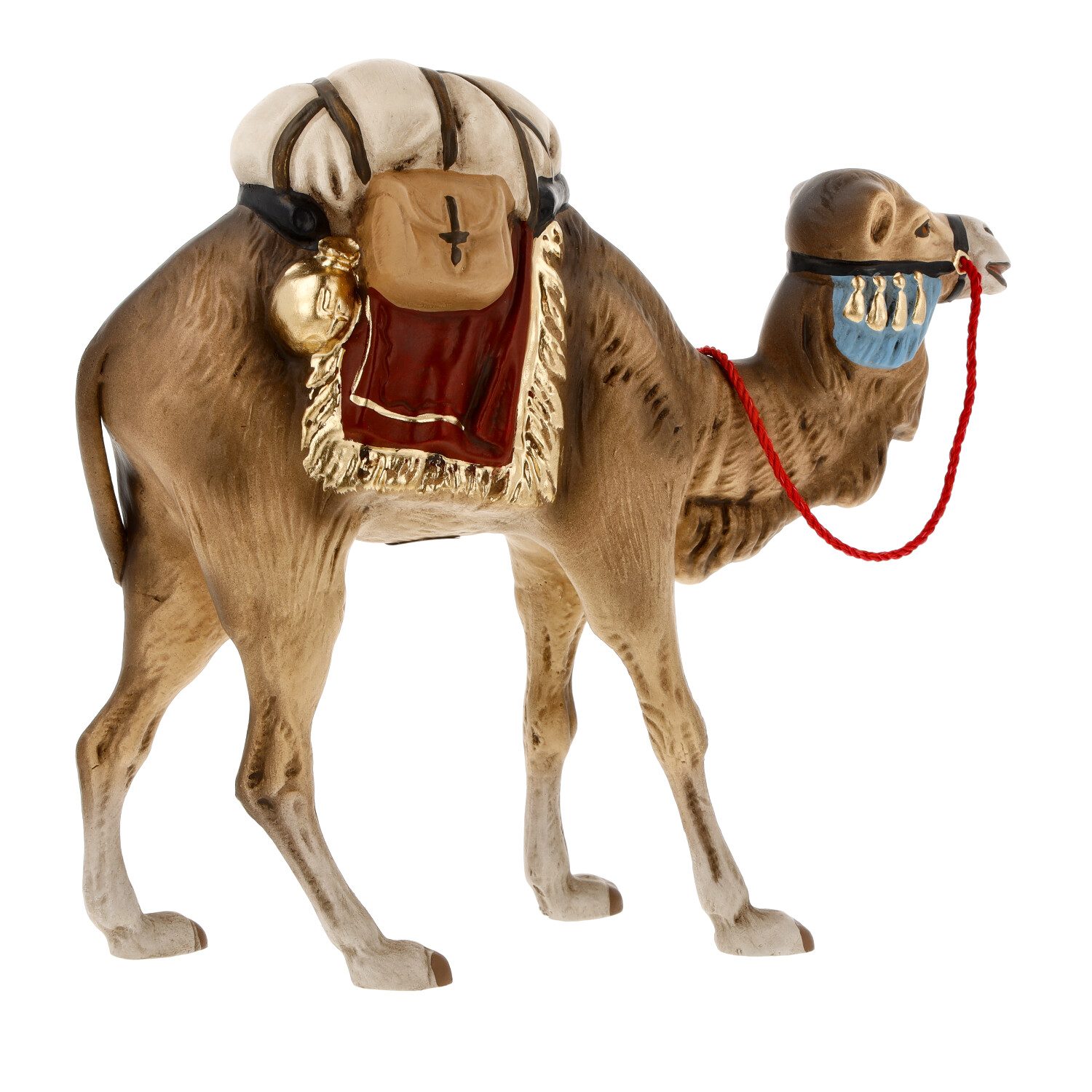 Kamelfigur mit Sattel, Beutel und roter Leine