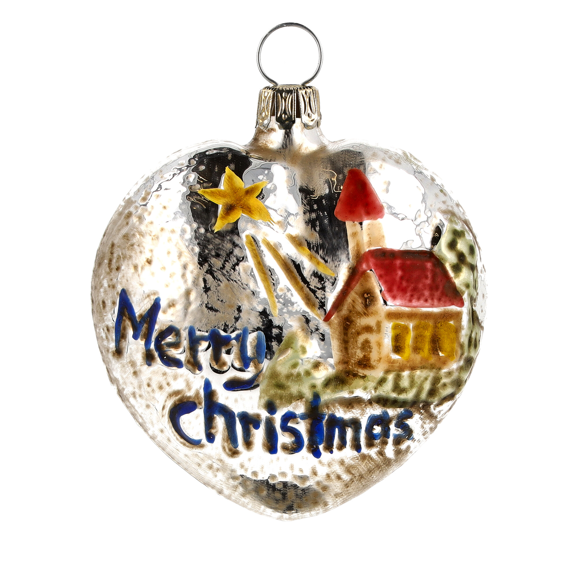 Nostalgisches Glasornament - Herz mit Kirche und Sternen rotes Dach
