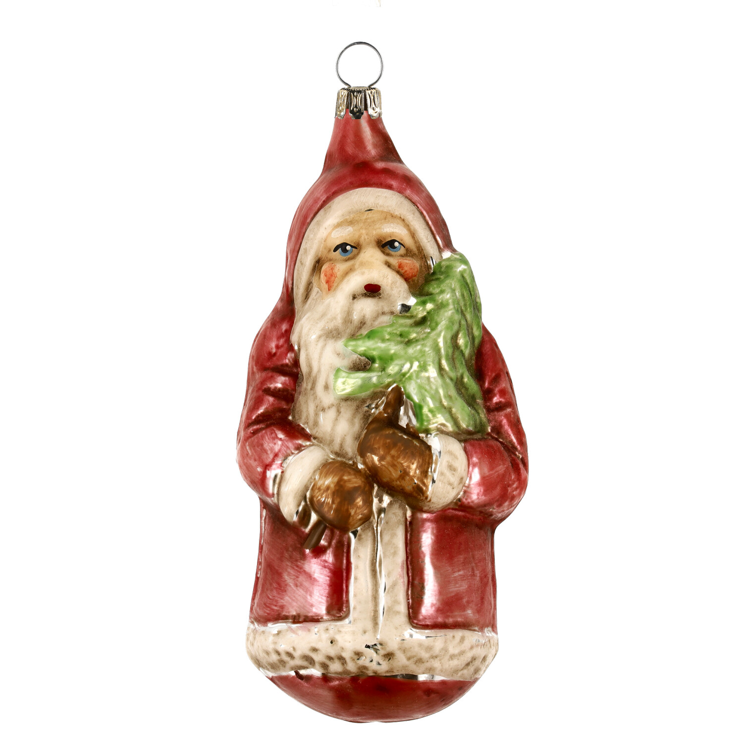 Christbaumschmuck aus Glas, Weihnachtsmann mit Tanne