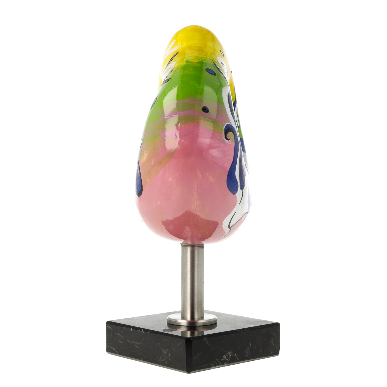 Bunte Glas-Skulptur auf Metallständer mit Marmorsockel