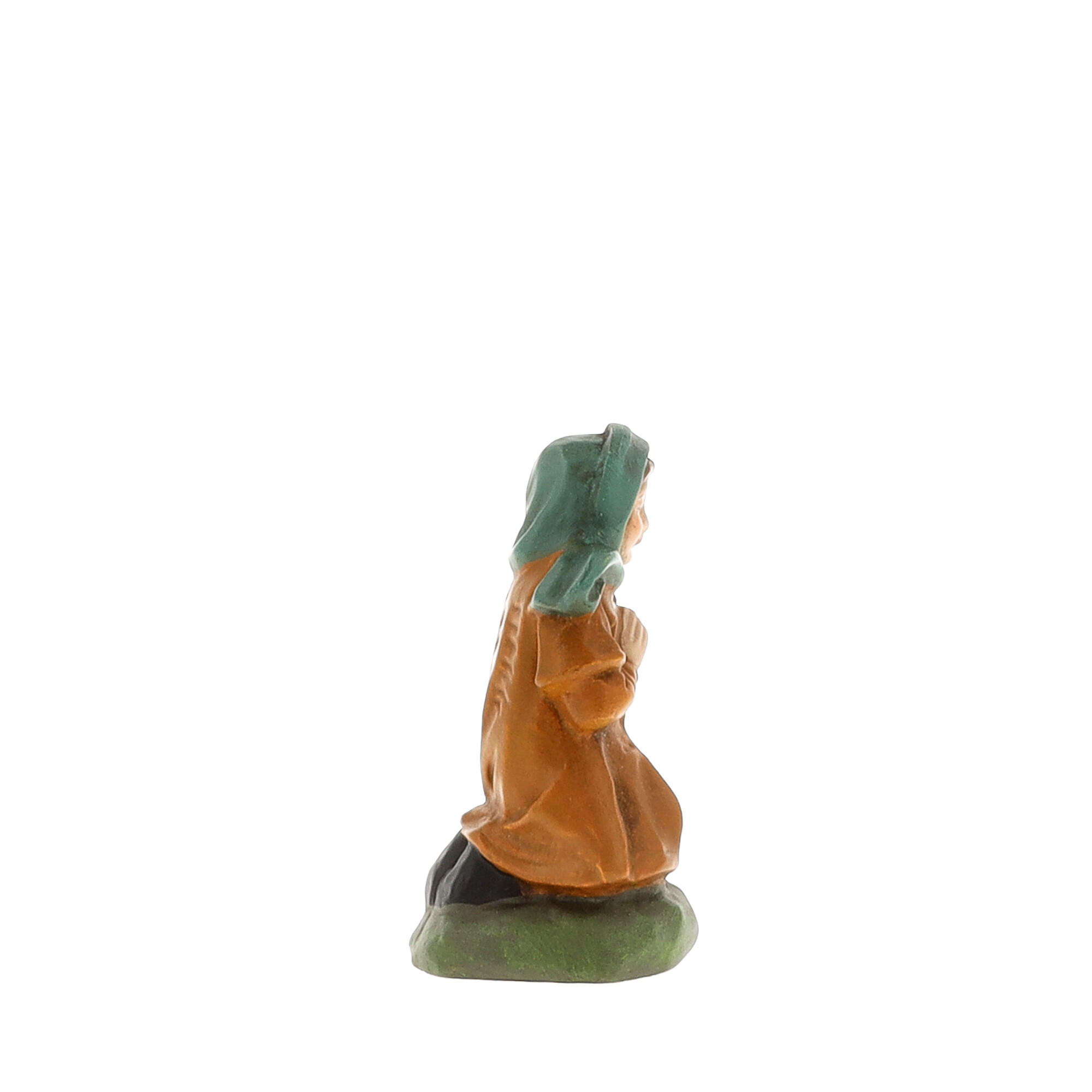 Krippenfigur kniend mit Kopftuch, braun-grün