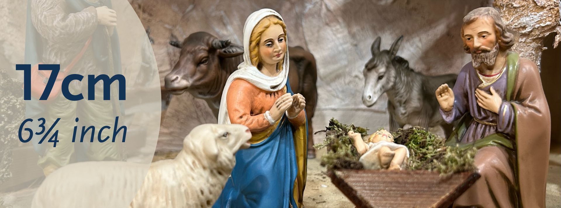 Krippenszene 17 cm: Heilige Familie mit Ochs und Esel