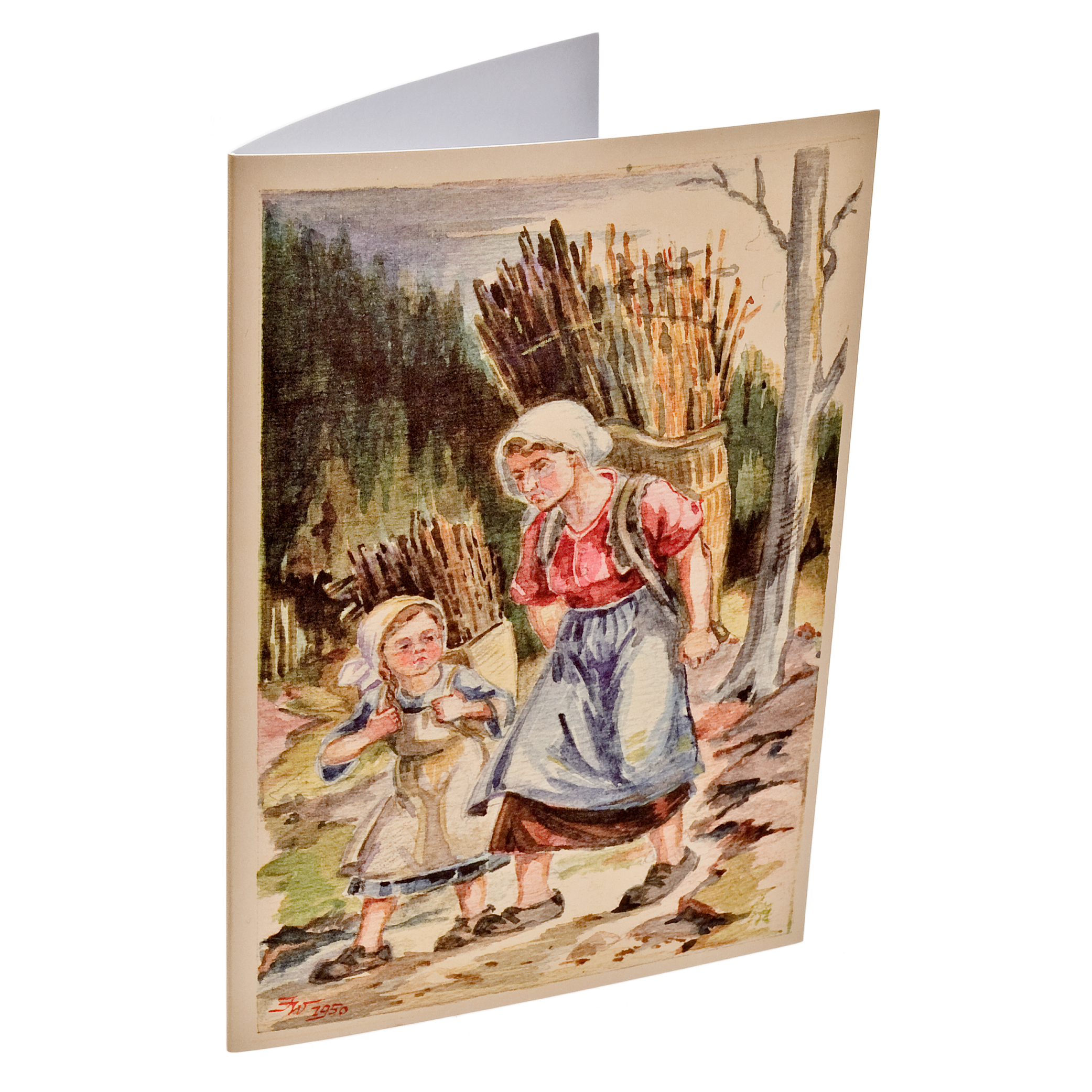 Grußkarte mit Aquarell: Mutter und Mädchen mit Holz
