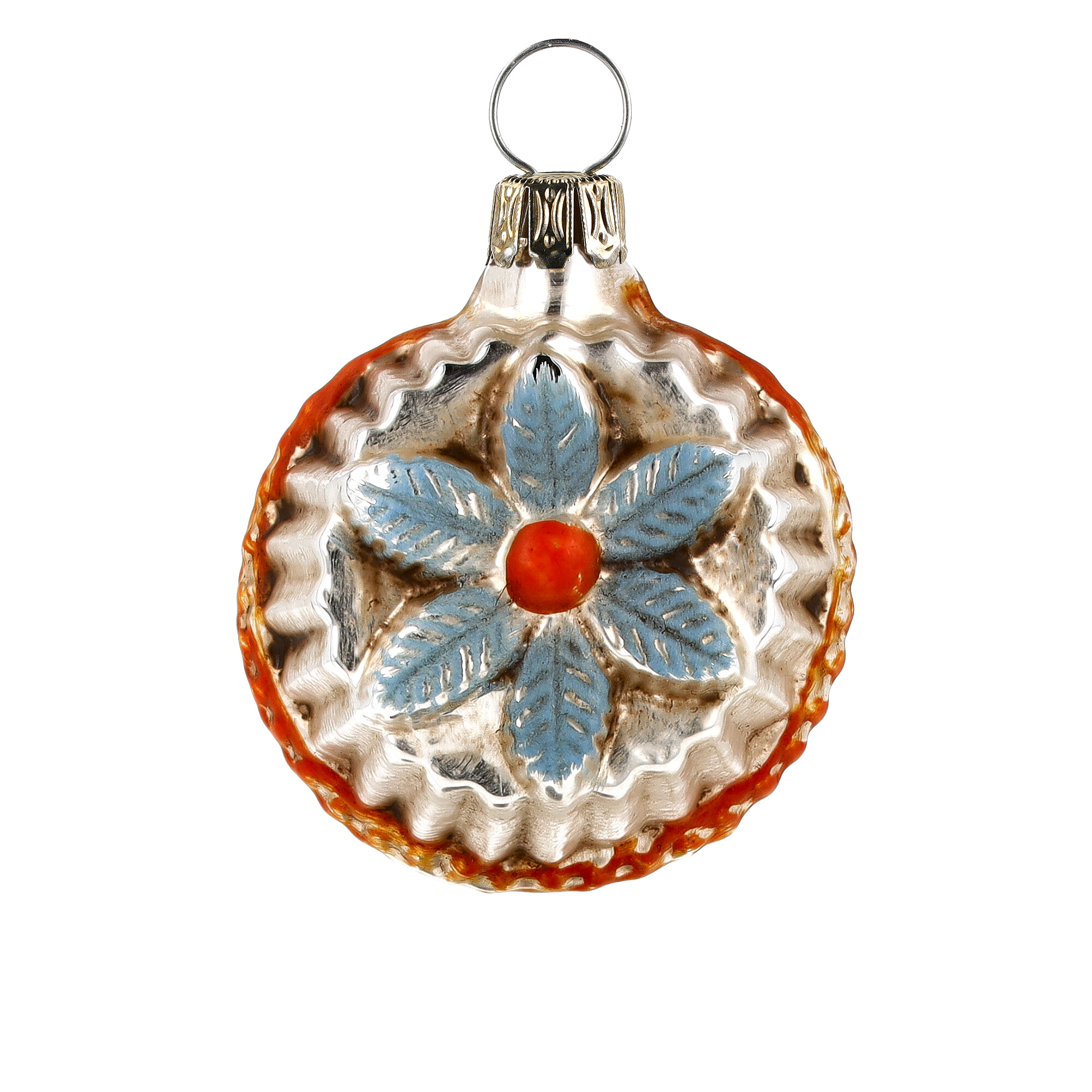 Vintage-Glaskugel mit blauer Blüte und rotem Zentrum
