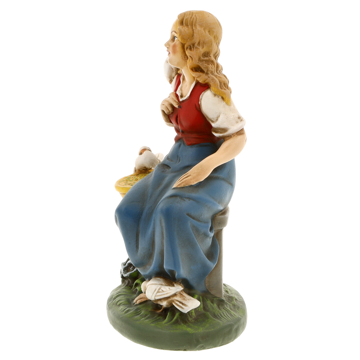 Handbemalte sitzende Mädchen-Figur mit Vogel, Deko