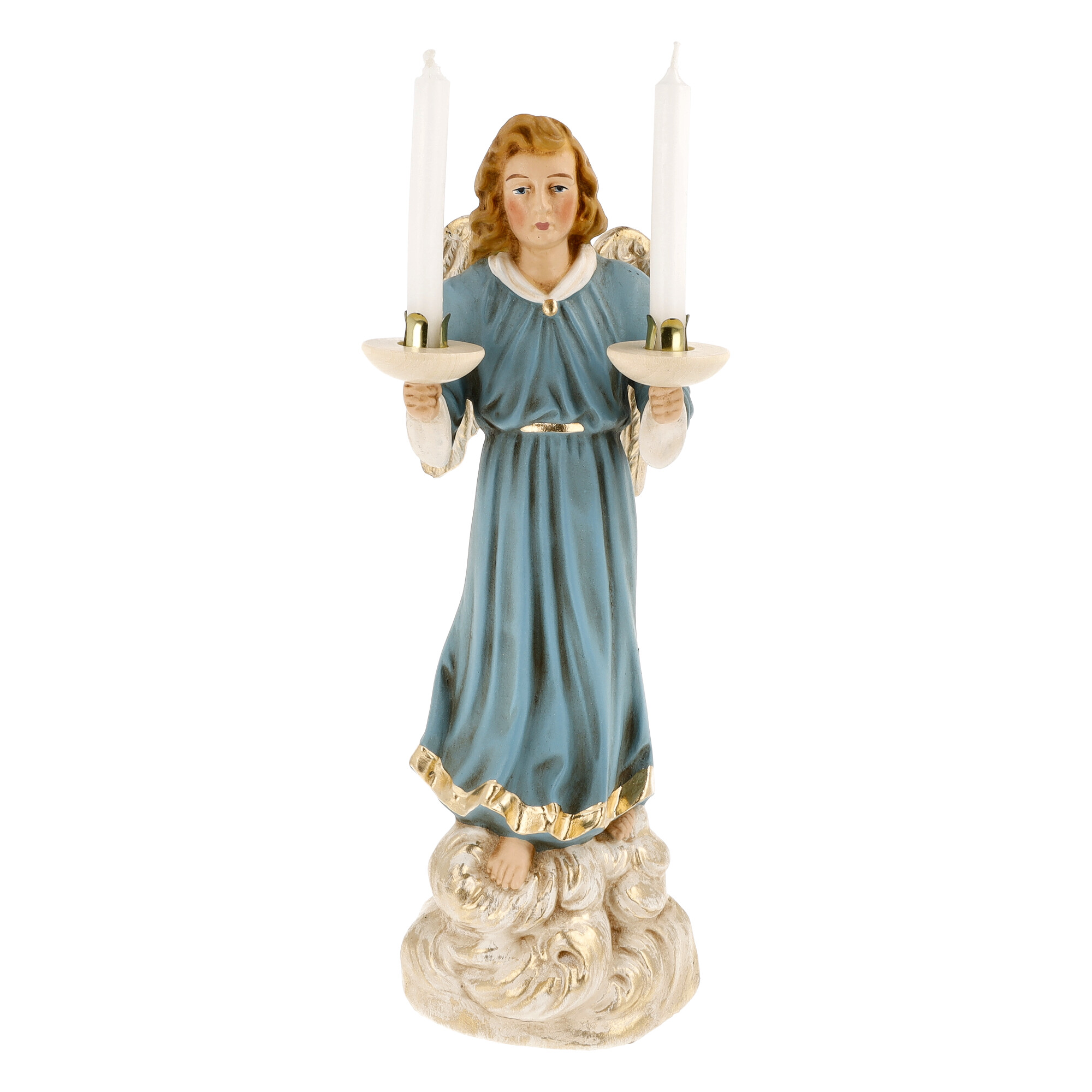 Engel Figur als Kerzenhalter mit zwei weißen Kerzen