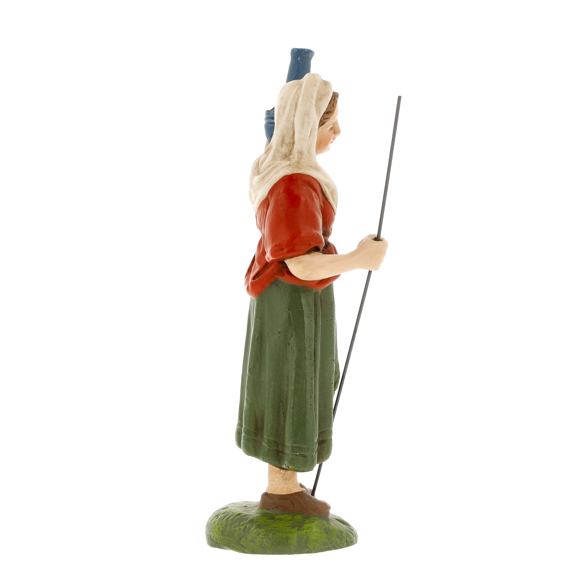 Handbemalte Bäuerin-Figur mit Stab, seitliche Ansicht
