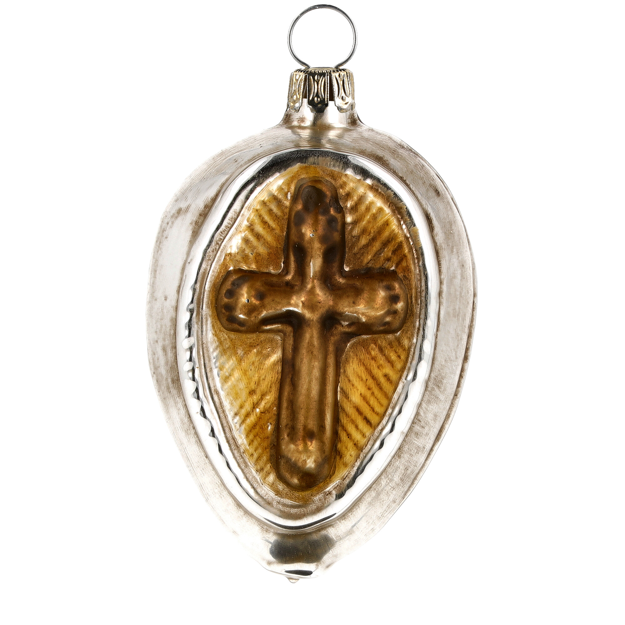 Vintage Glas-Christbaumanhänger mit goldenem Kreuz, oval