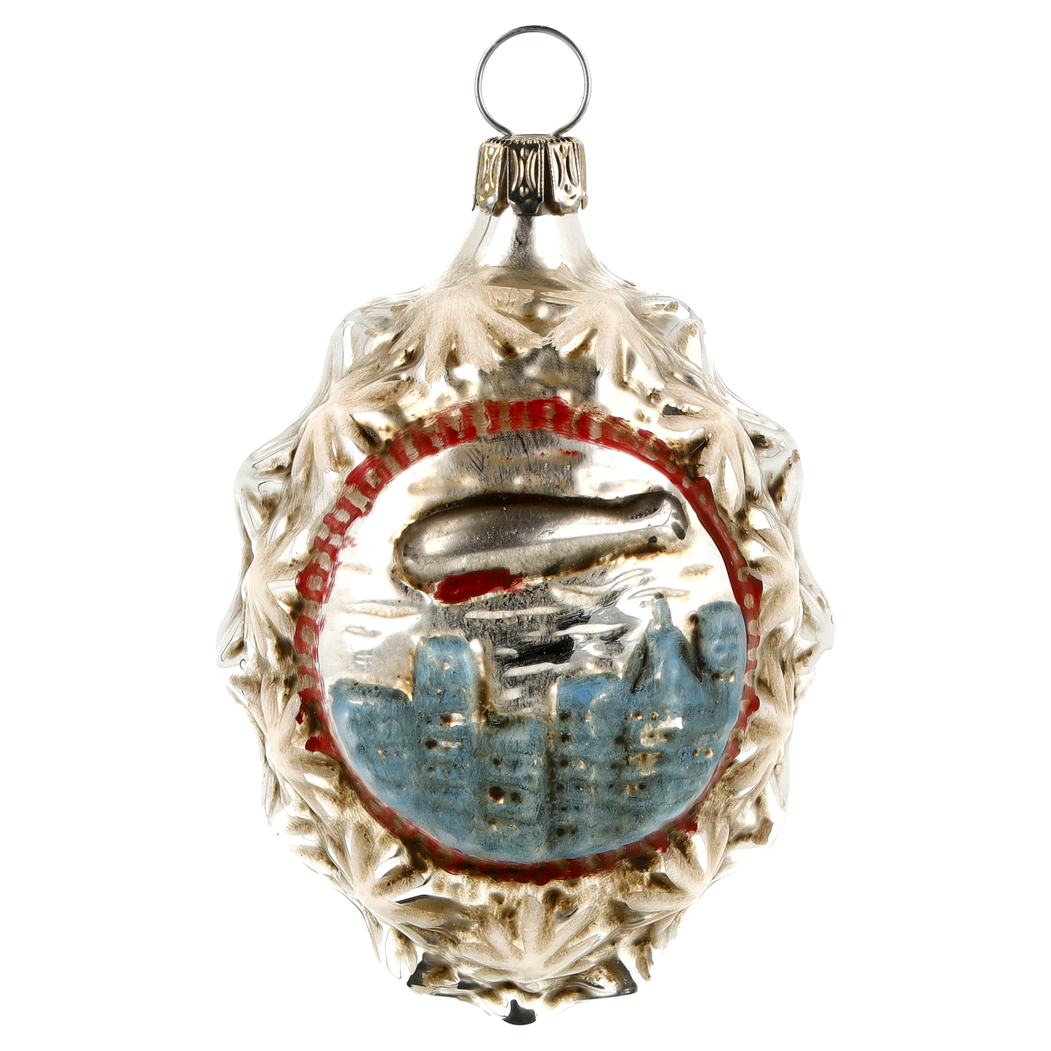 Antiker Glas-Weihnachtsanhänger mit Zeppelin und Stadt