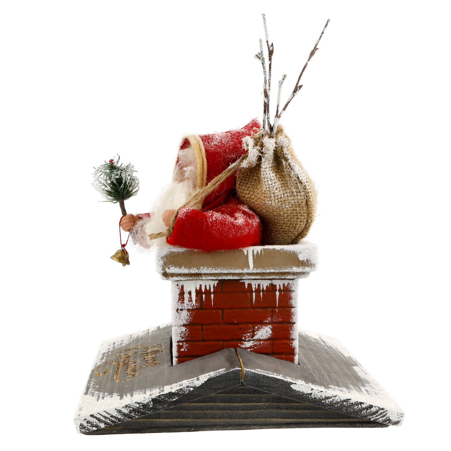 Weihnachtsmann am Schornstein mit Jutesack und Glocke