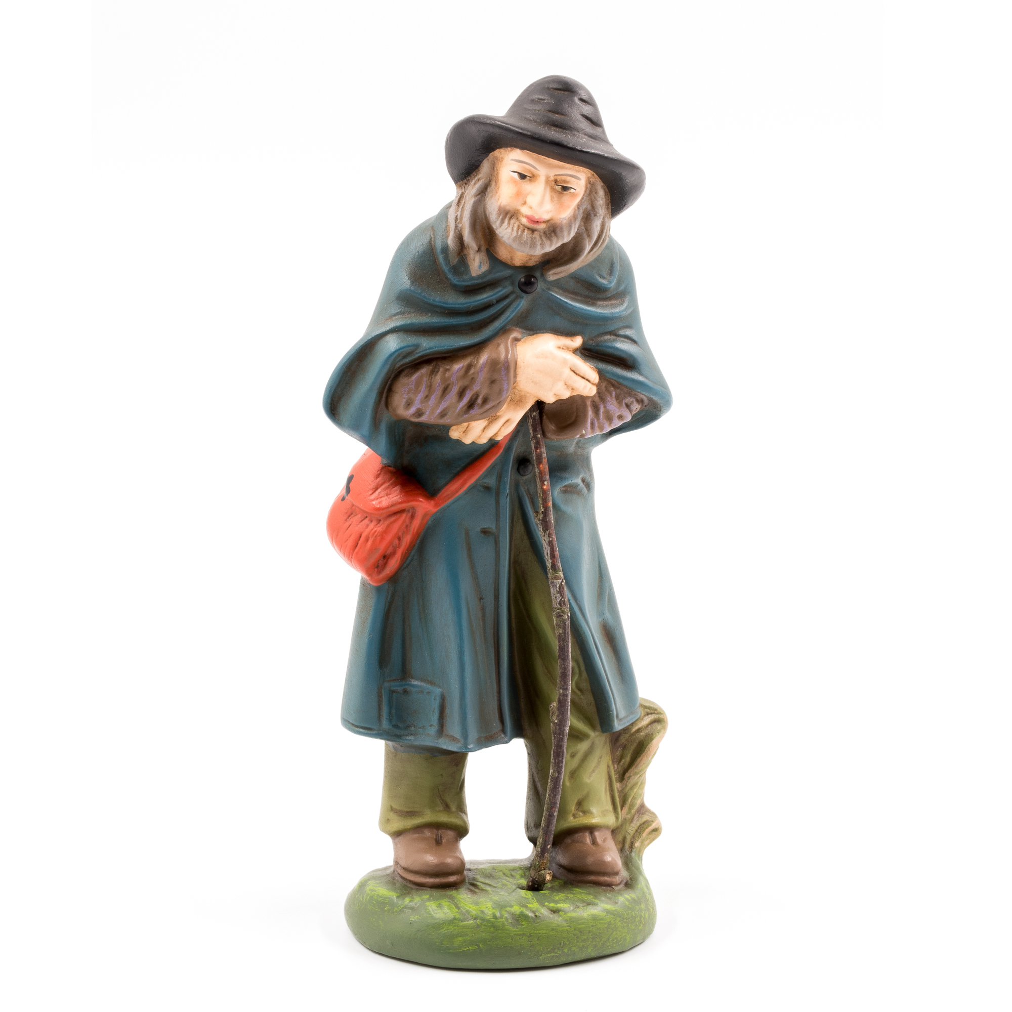 Dekofigur Wanderer mit Stock und roter Tasche