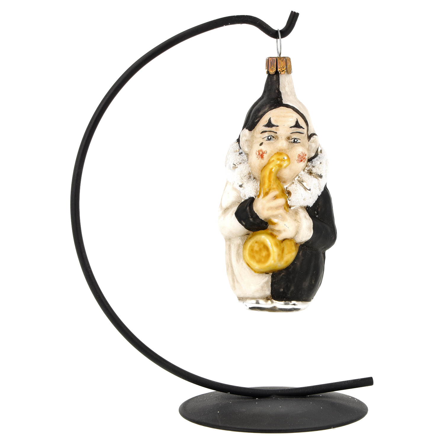 Handbemalte Glasfigur Harlekin mit Saxofon, Baumschmuck