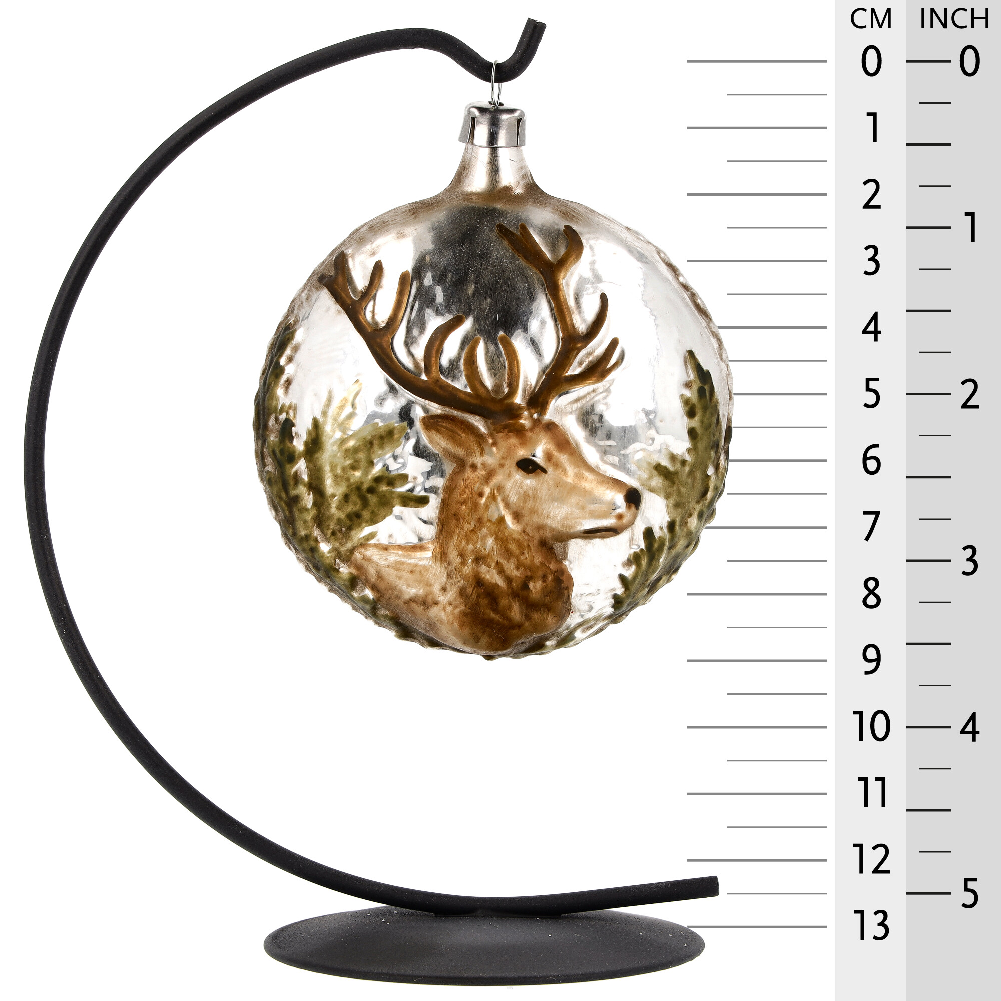 Glas-Weihnachtskugel mit Hirschkopf, silber-braun, 10 cm