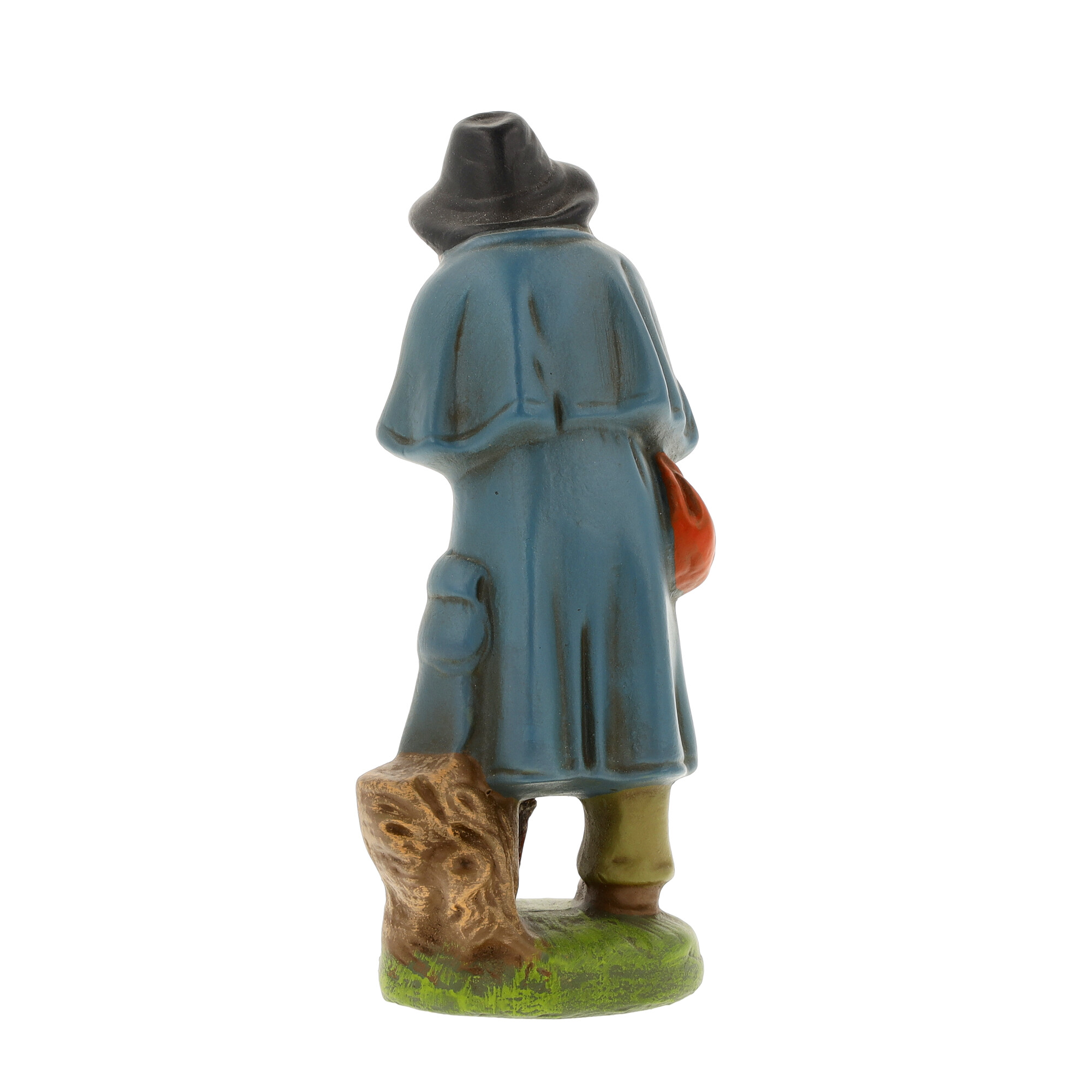Rückansicht blaue Dekofigur Wanderer mit Hut, Tasche