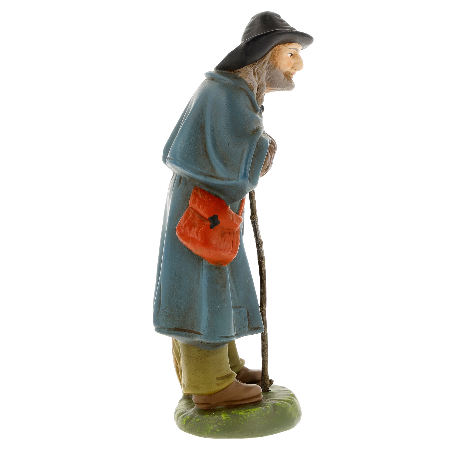 Figur alter Mann mit Hut, Mantel, Stock und roter Tasche