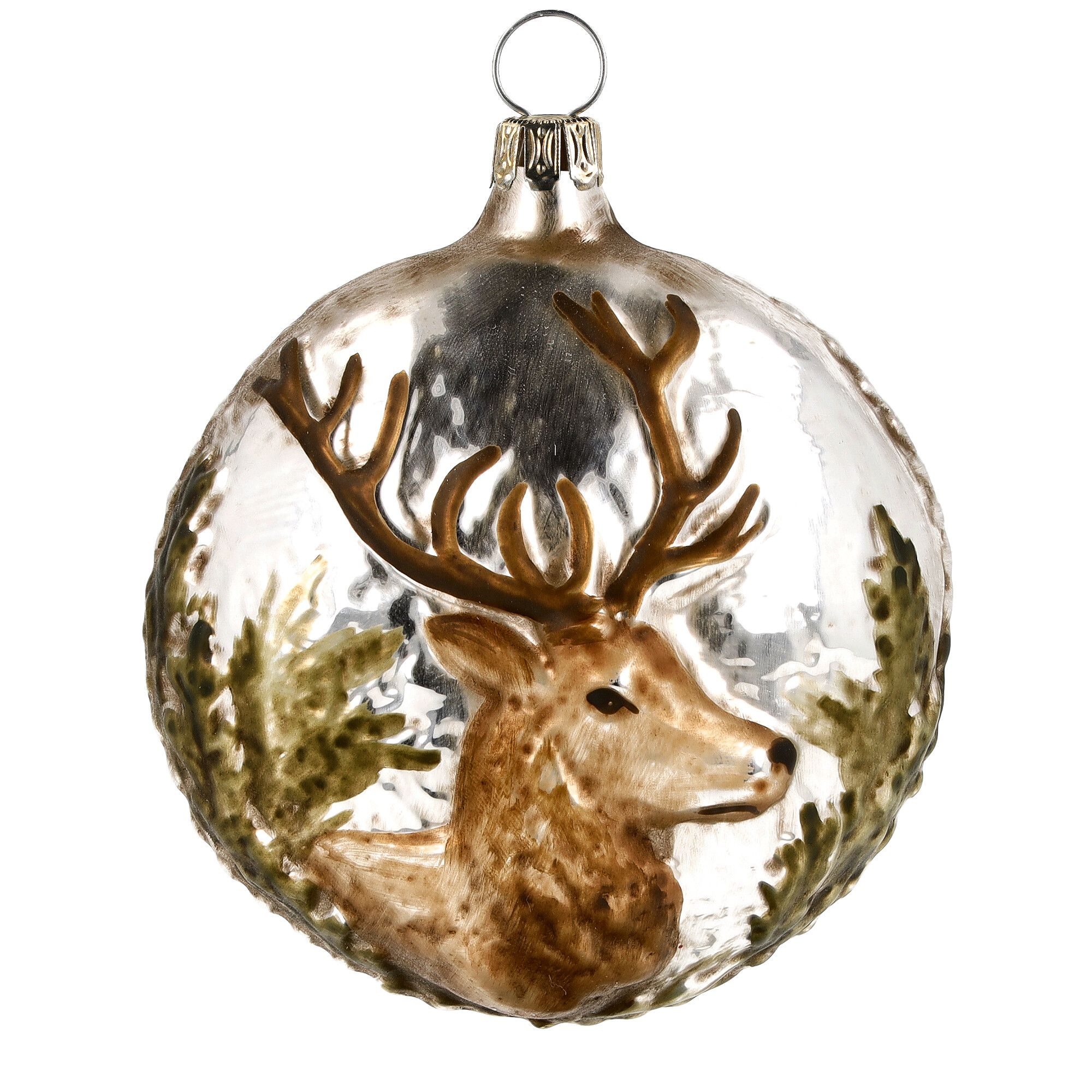 Glas-Weihnachtskugel mit Hirsch und Tannenzweigen