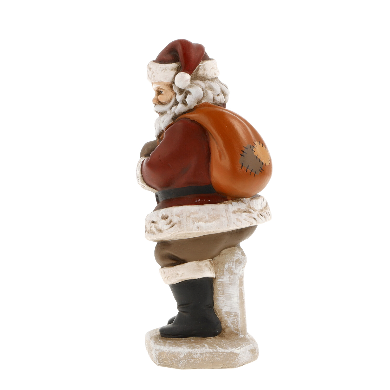 Weihnachtsmann-Figur, seitliche Ansicht mit Sack