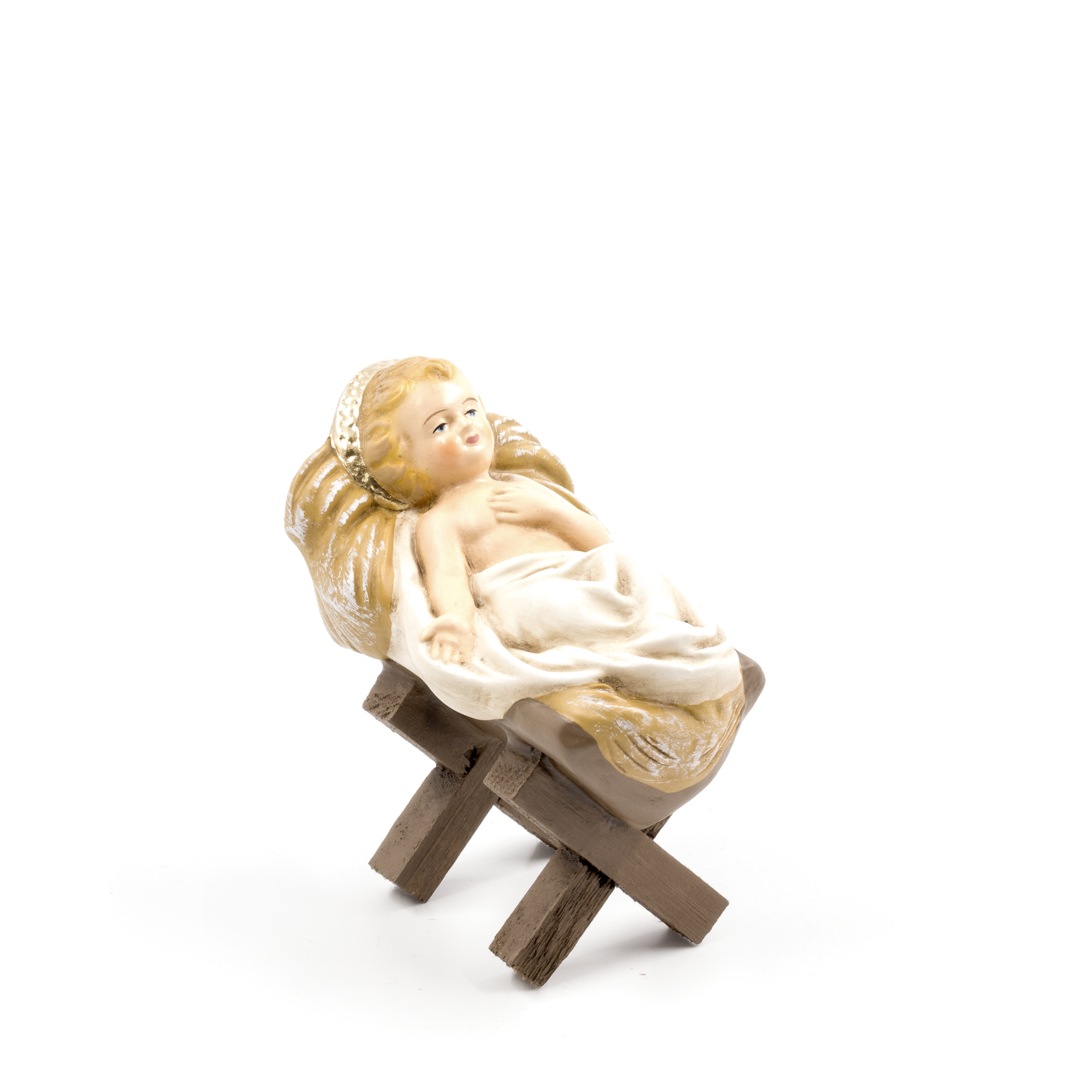 Jesuskind-Krippenfigur liegend in Holzkrippe mit Tuch