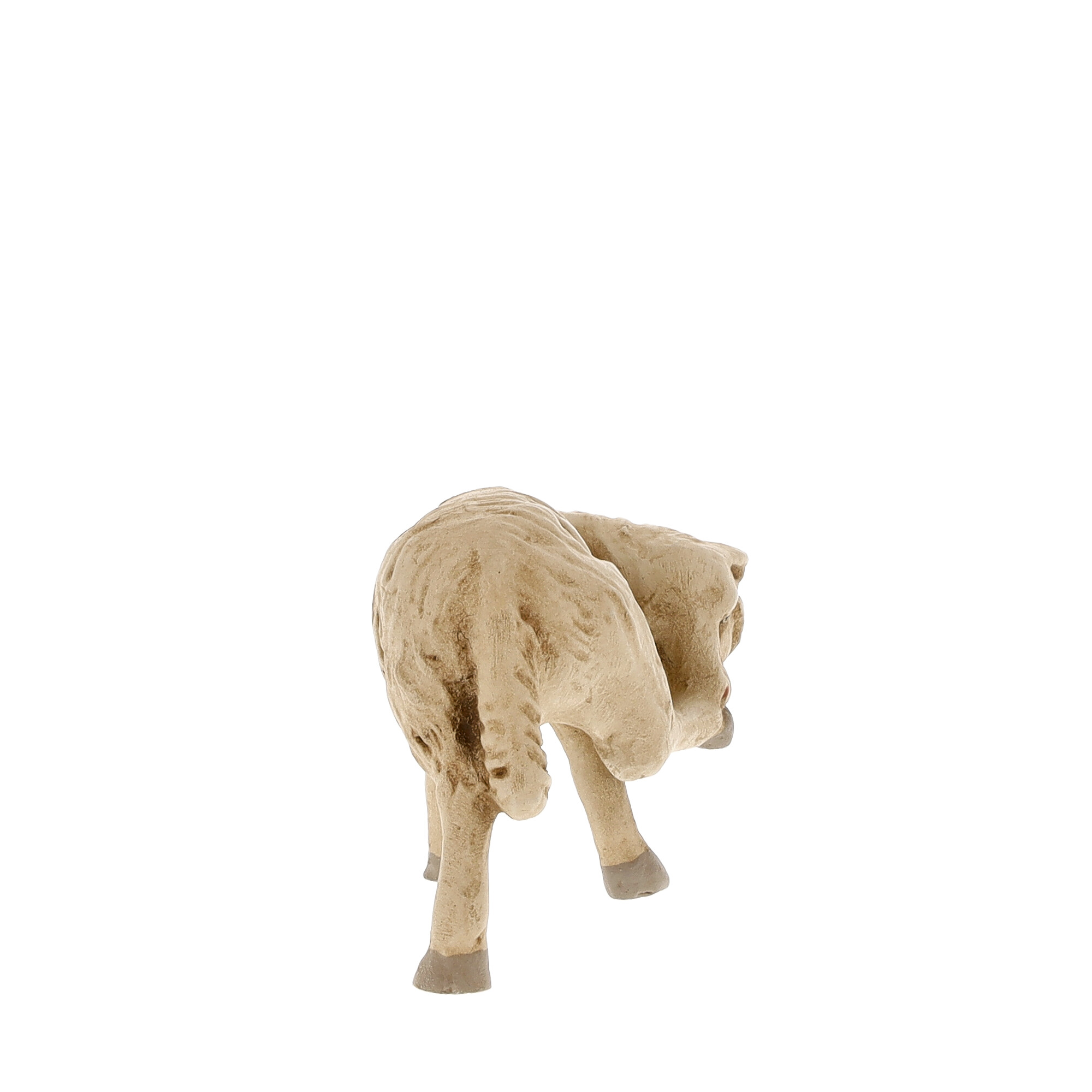 Beige Schaf-Figur, Rückansicht auf weißem Hintergrund